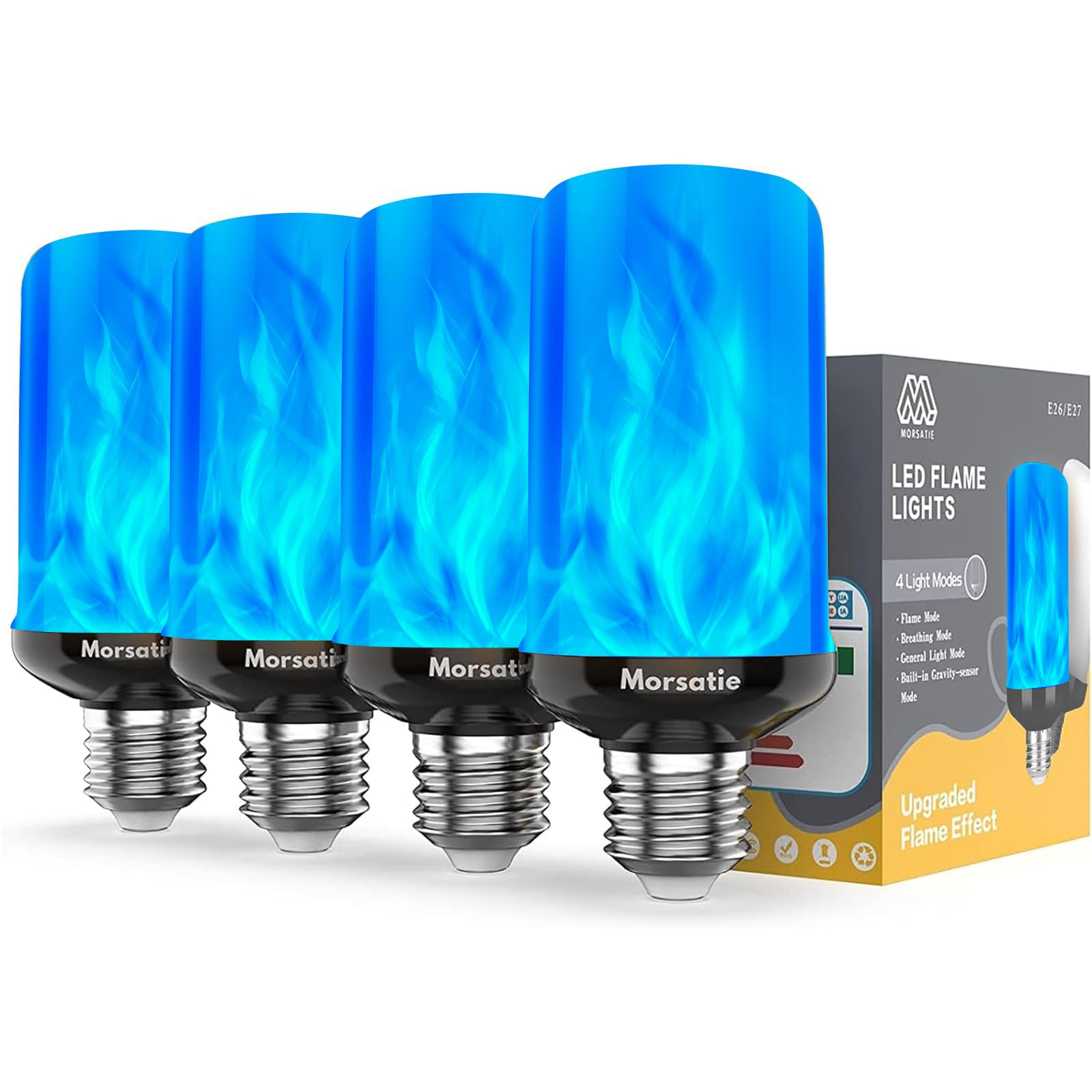 Morsatie LED Flame Light Bulbs, 4 Modes Flickering Effect, E26, Blue-4 Pack, Eco-friendly Materials