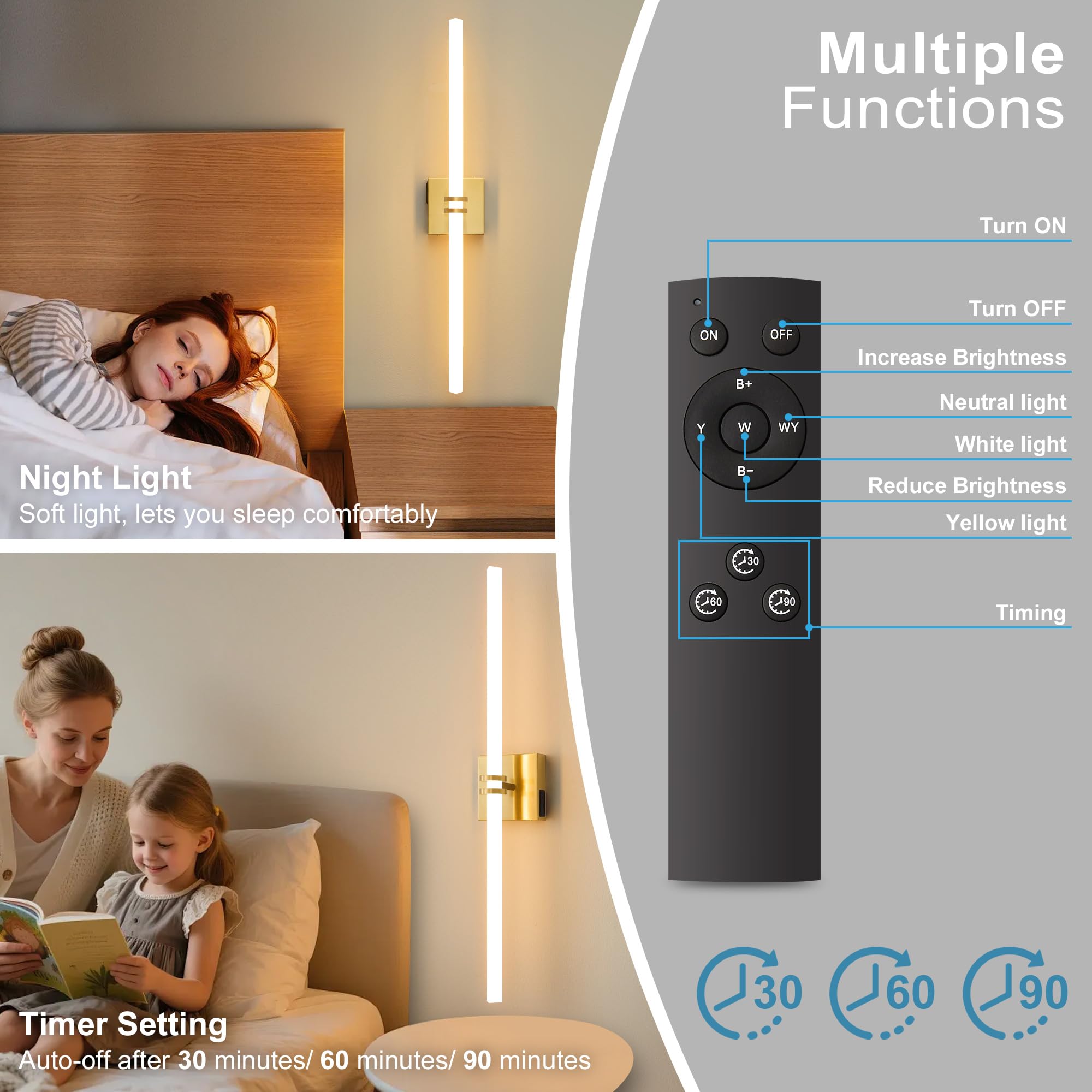 Eicrkodn Battery Operated Wall Sconce, Gold Rechargeable Wall Lights with Dimmable Remote Control, 31.5 Inch 3000K-6000K LED Wir