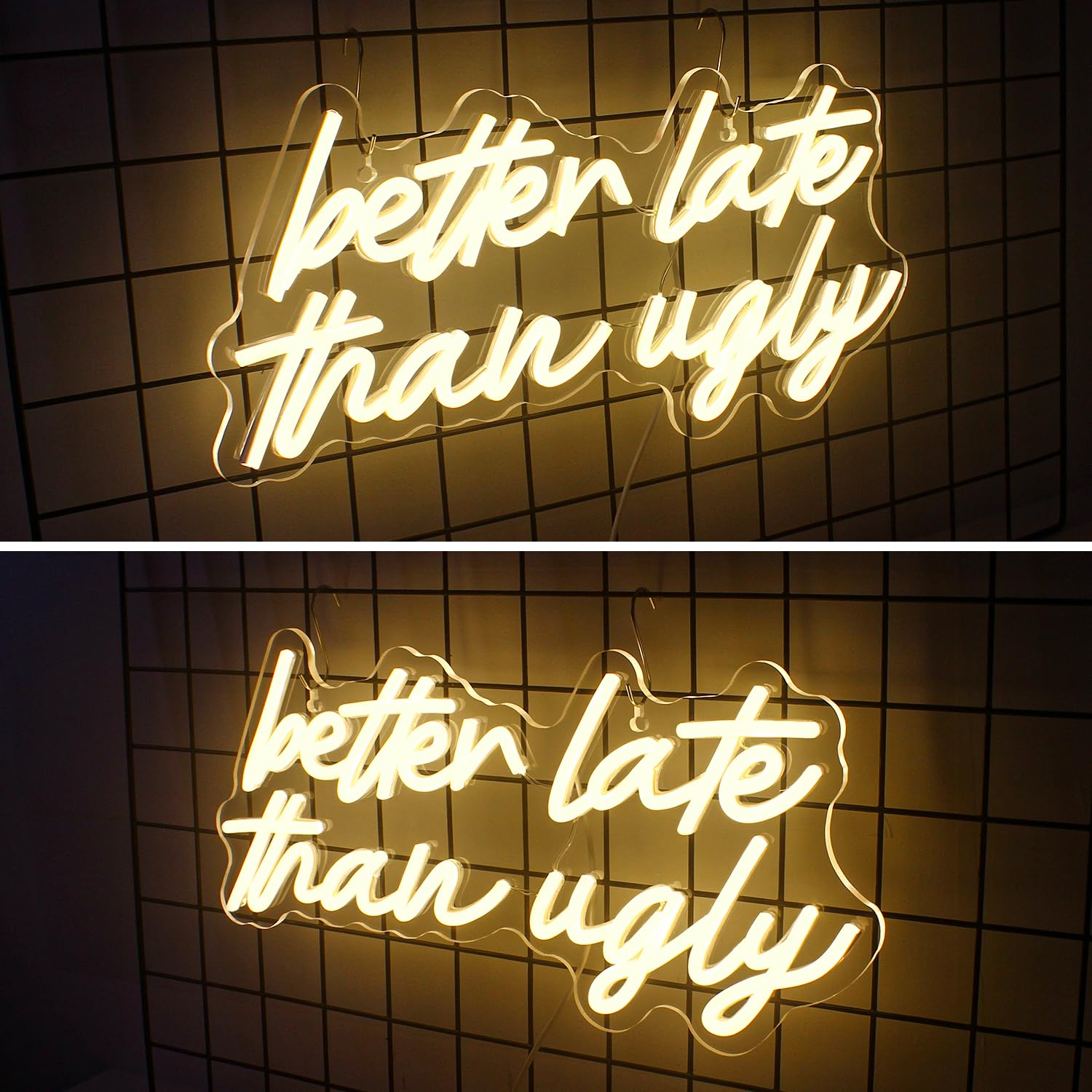 Horseneon Neon LED Sign - Better Late Than Ugly Wall Decor, Warm White Acrylic Light for Bedroom, Living Room, USB Powered