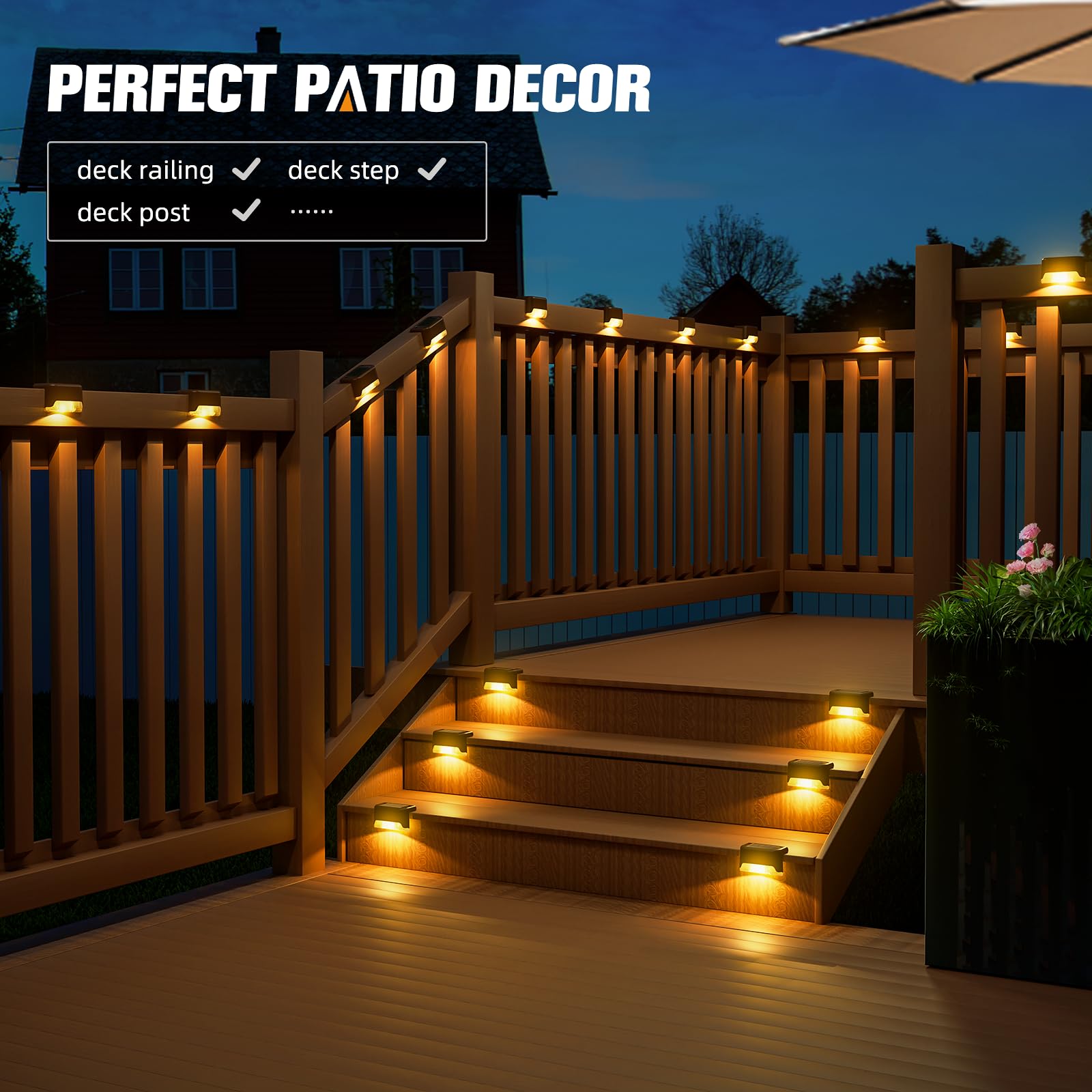 APONUO Solar Deck Lights, 16 Pcs Waterproof LED Fence Lamp, Warm White, Brown, Plastic