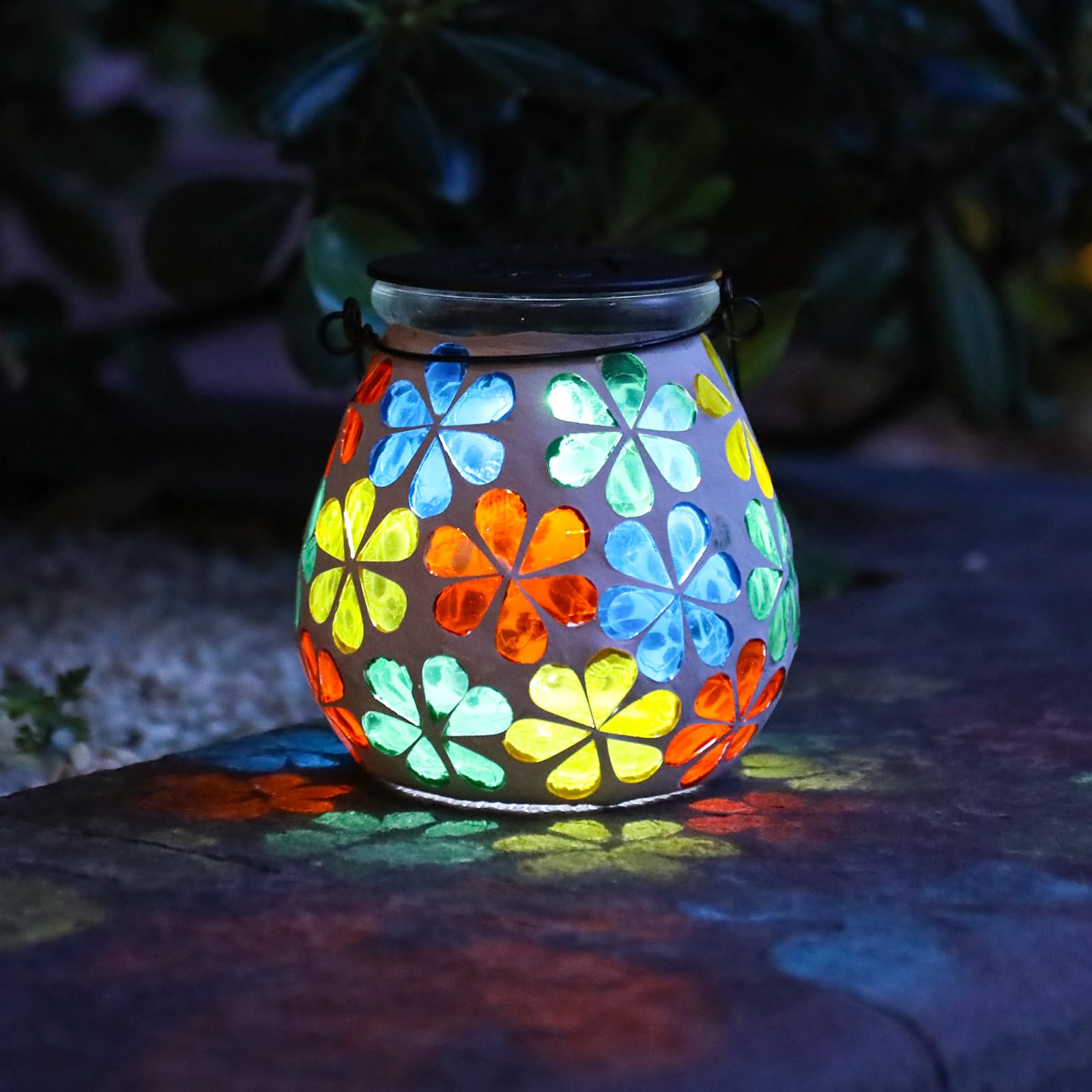 Afirst Mosaic Solar Lantern - Glass Hanging Lights, Waterproof Table Lamp for Garden/Patio - Model 5033540A, Flower Color