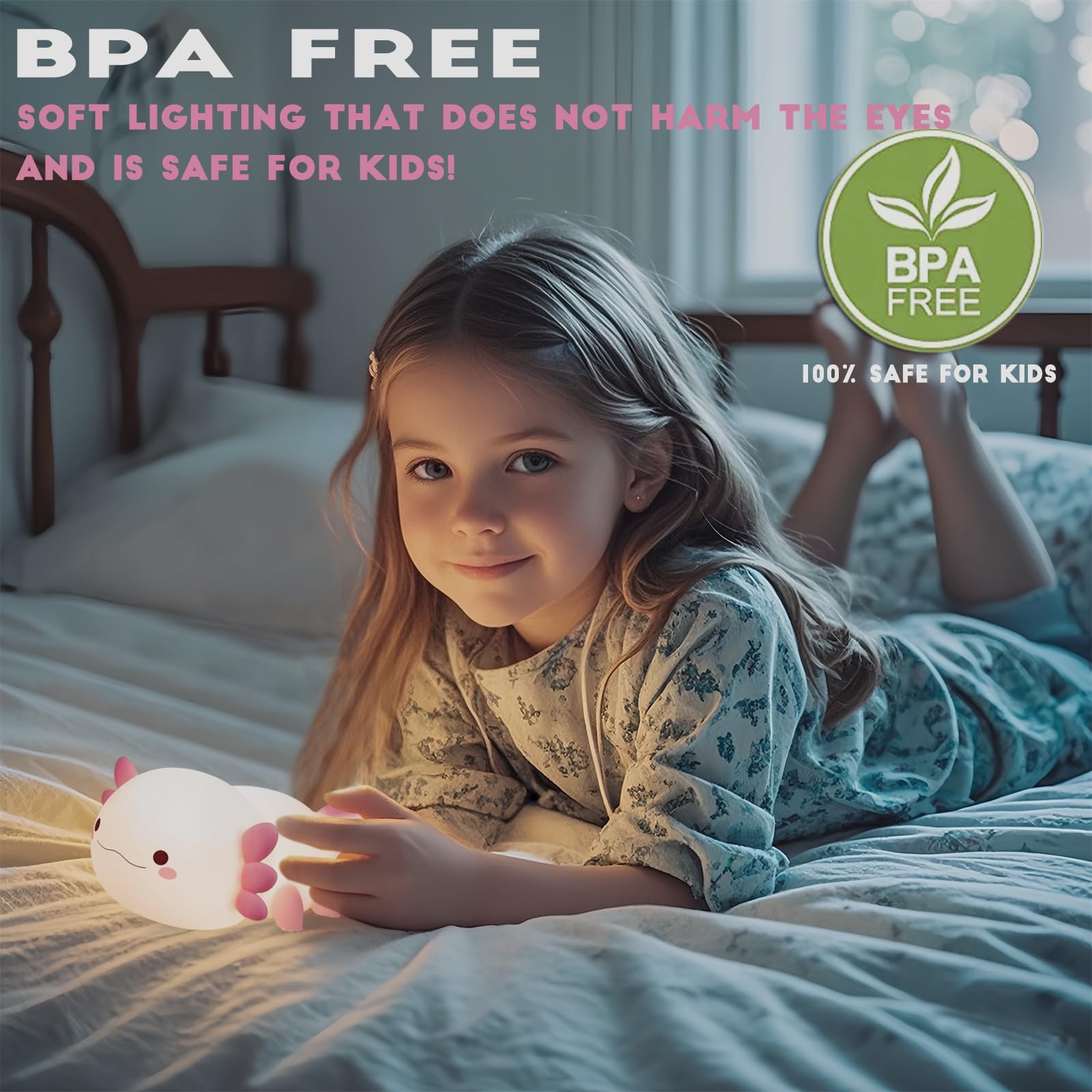 Happybag Axolotl Night Light,Cute Axolotl Lamp Gifts For Kids,Dimmable Silicone Animal Nursery Night Light,Kawaii Rechargeable B