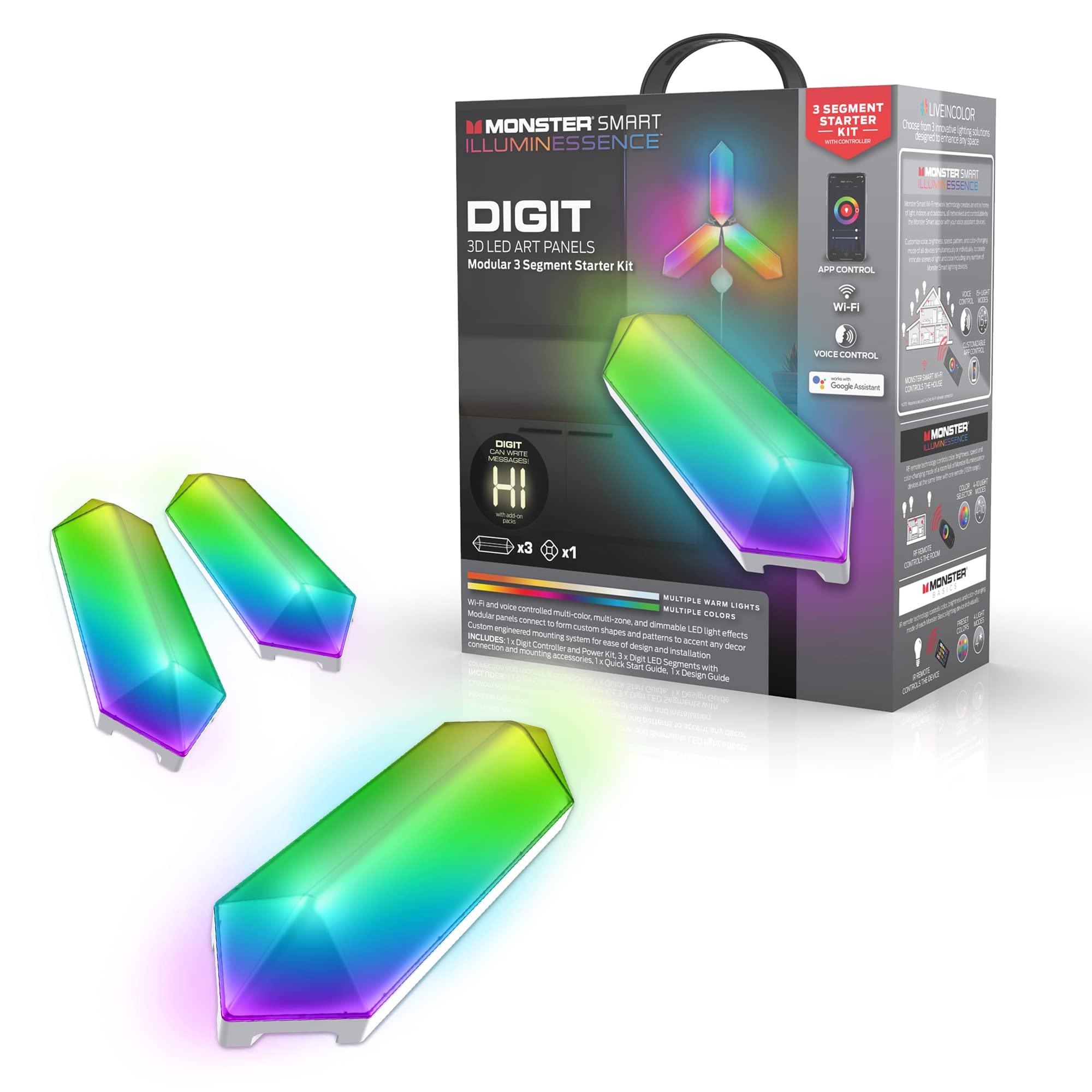 Xtreme Digital Monster Digit Smart 3D Led Art Panels - Modular 3 Panel Starter Kit, Multicolor