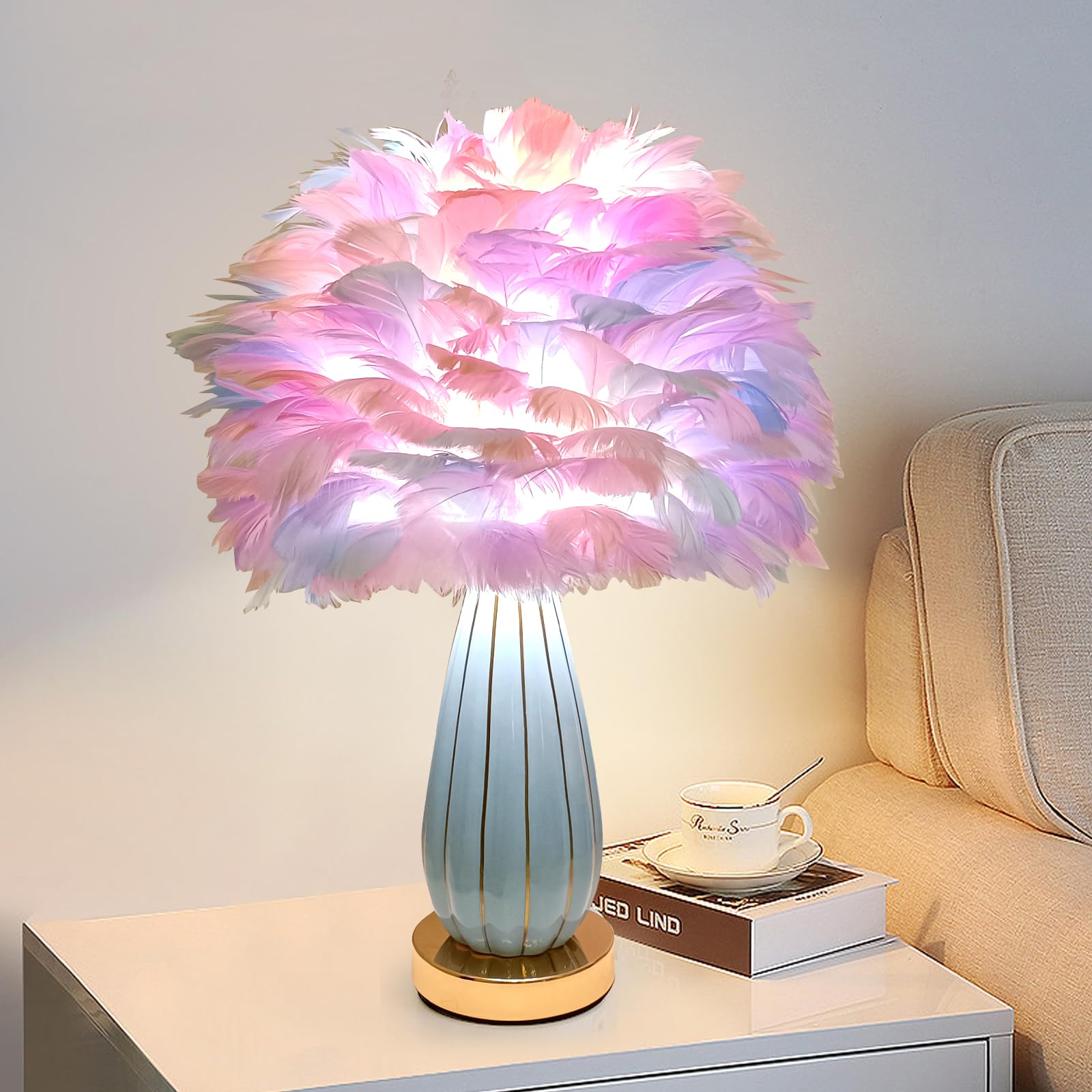 ZYLEISENBAO Colorful Feather Lamp Modern Furry Table Lamp Romantic Bedside Lamp Nordic Fluffy Princess Girl Nightstand Light for