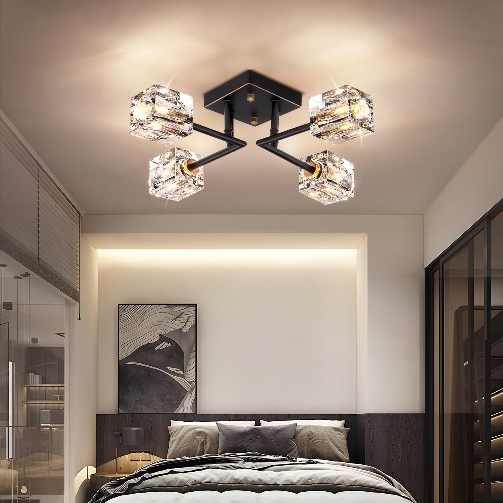 OKES Modern Crystal Ceiling Light - Semi Flush Mount 4-Lights - Black and Gold Sputnik Chandelier for Bedroom, Dining Room, Office