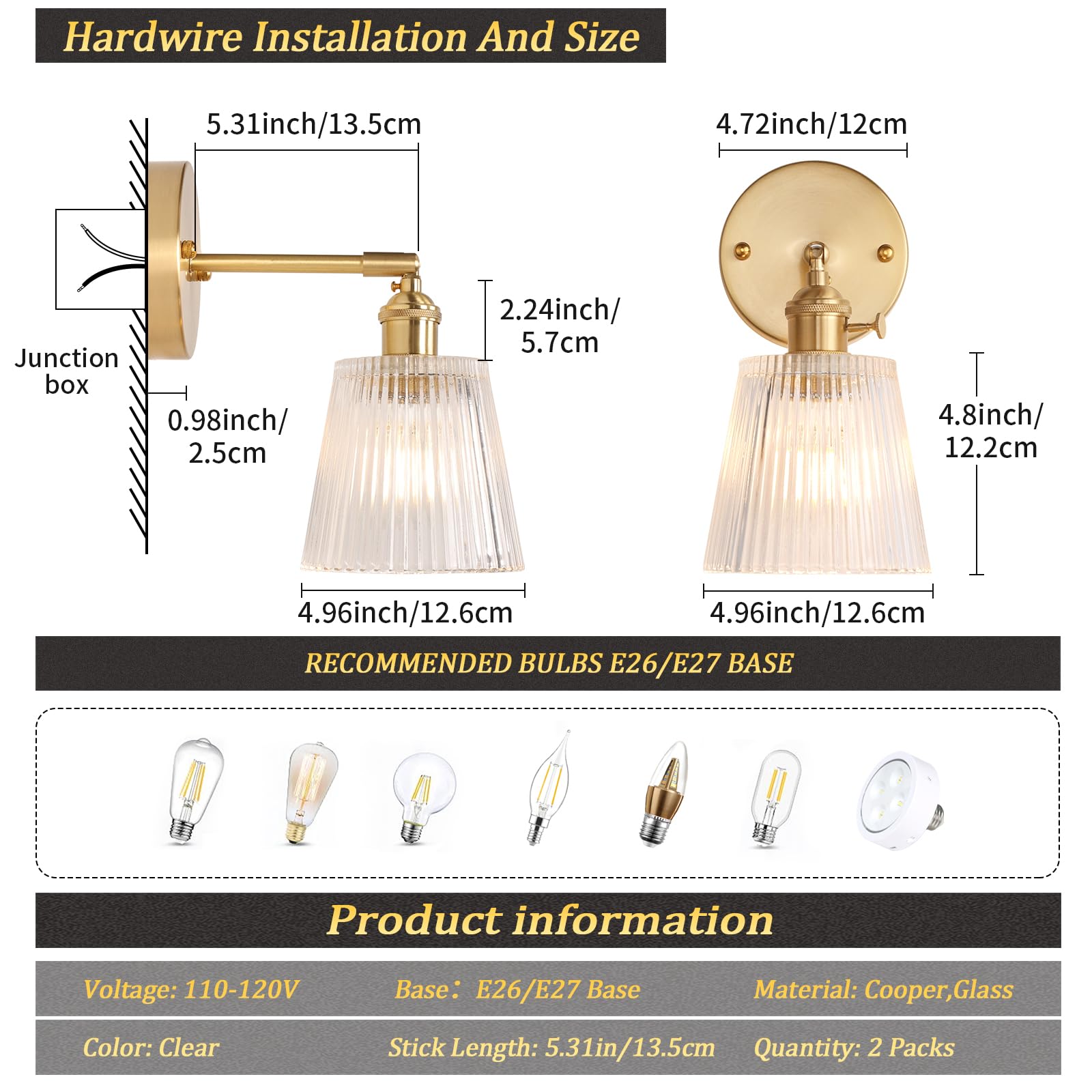 Shenmoyl Vintage Wall Sconces Set of 2, 180° Adjustable Brass, Glass Lampshade, Hardwired, Stripe Clear, Model 1-9415