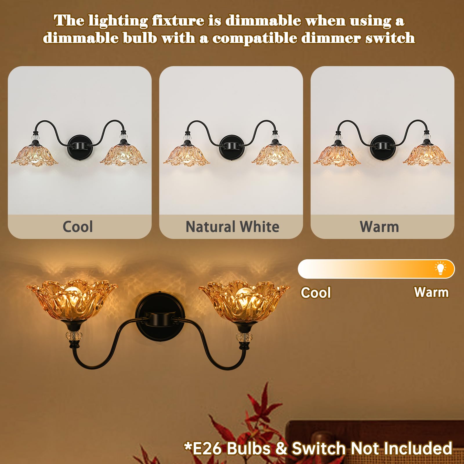 sunkryster 2-Light Black Bathroom Vanity Light with Floral Amber Glass Shades, Vintage Farmhouse Wall Mount, Model Sun-104AB-2-Black-Amber