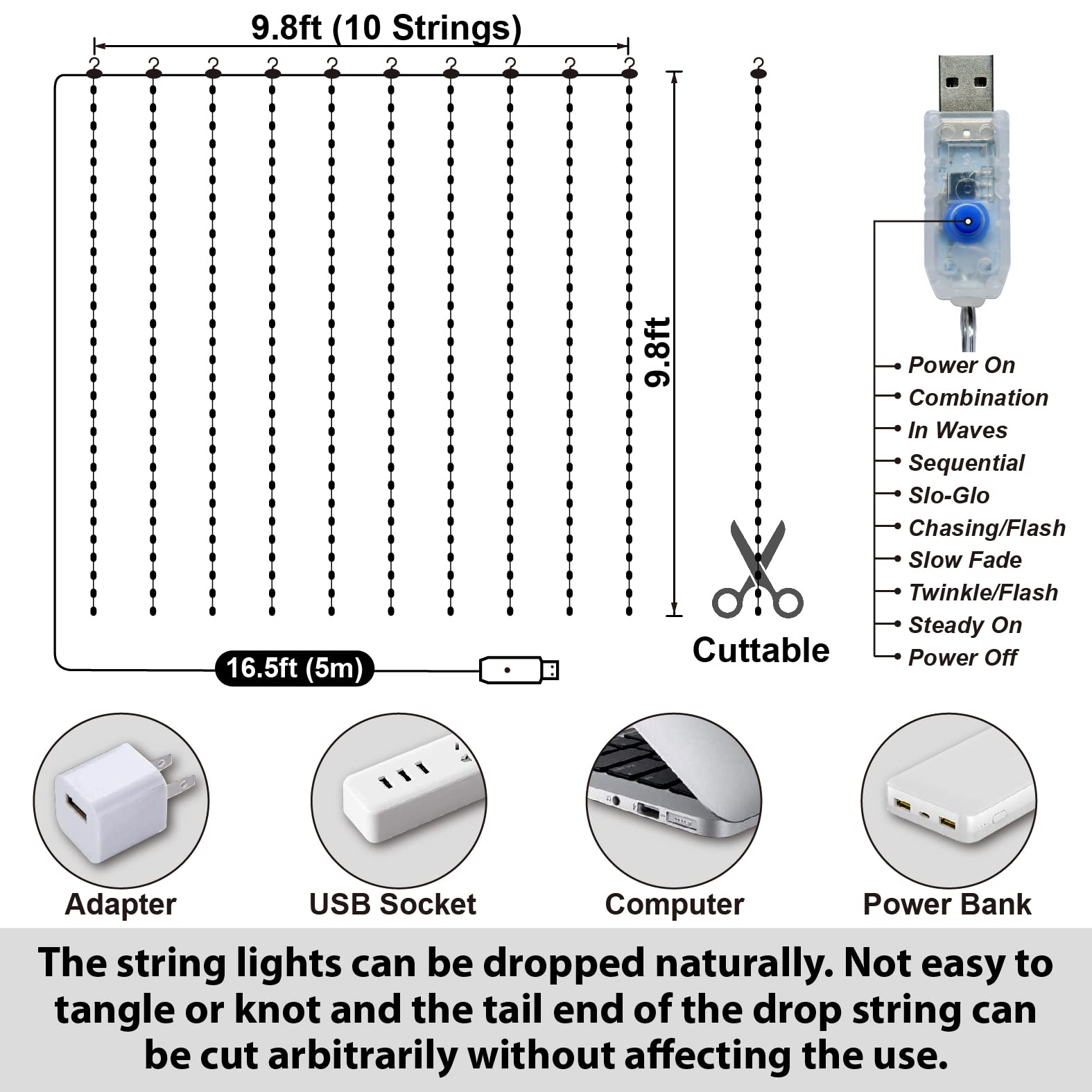 HXWEIYE Fairy Curtain Lights, 300LED Multicolor, 3mx3m, USB Plug, 8 Modes, Model HY100150-300-MT-pixian