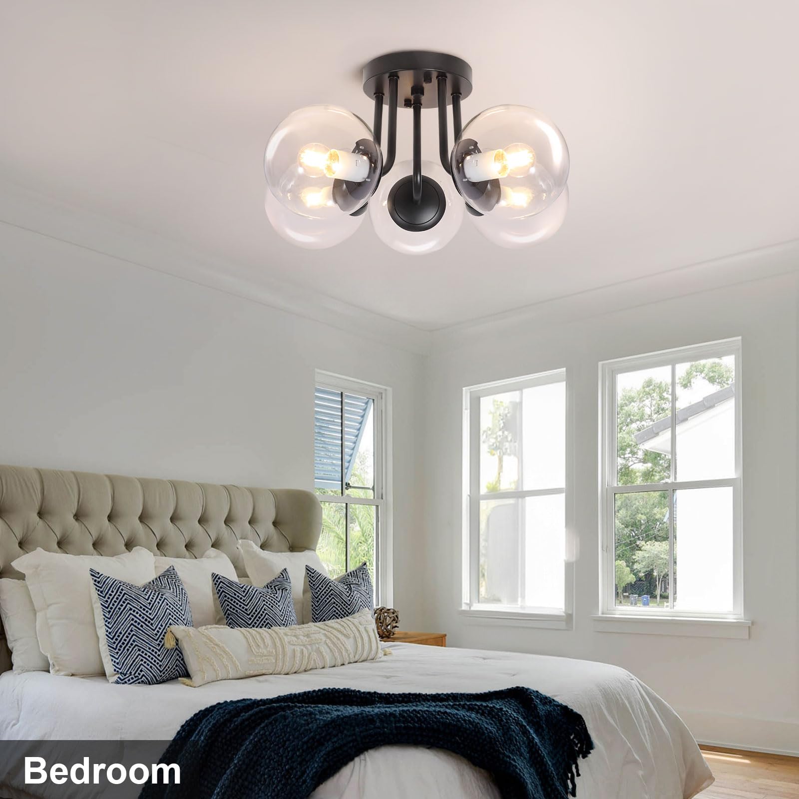 Bektas 5-Lights Semi Flush Mount Ceiling Light Fixture Matte Black Light Fixture Bend Modeling With Transparent Glass Shade For Bedroom,Living Room,Dinning Room Foyer Hallway