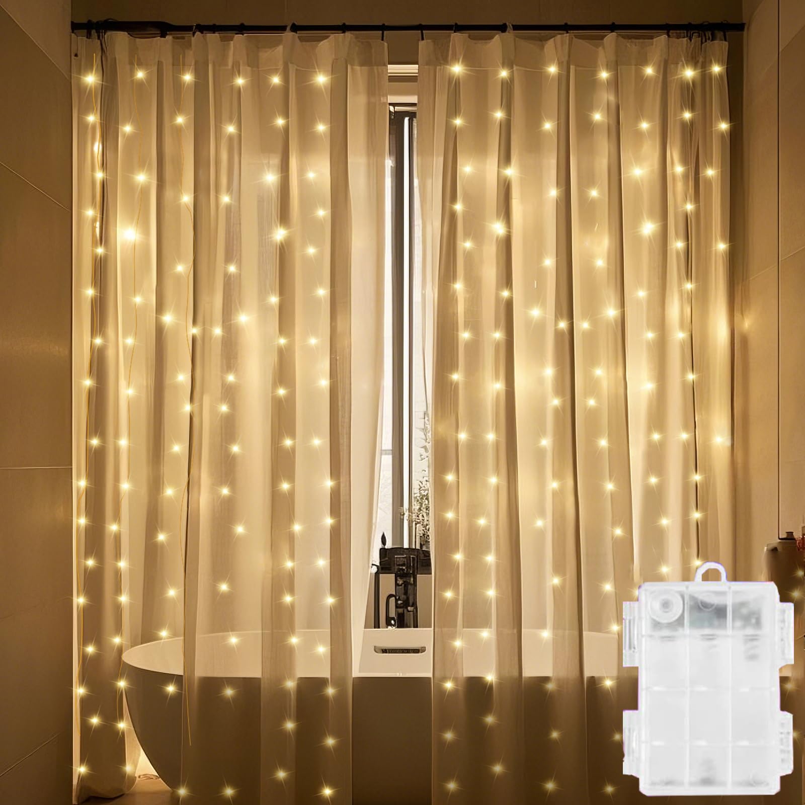 Solhice Curtain Shower Light, 72 x 72 Inches Battery Operated Waterproof Curtains Fairy Lights with 10 Hooks for Inside Shower, 