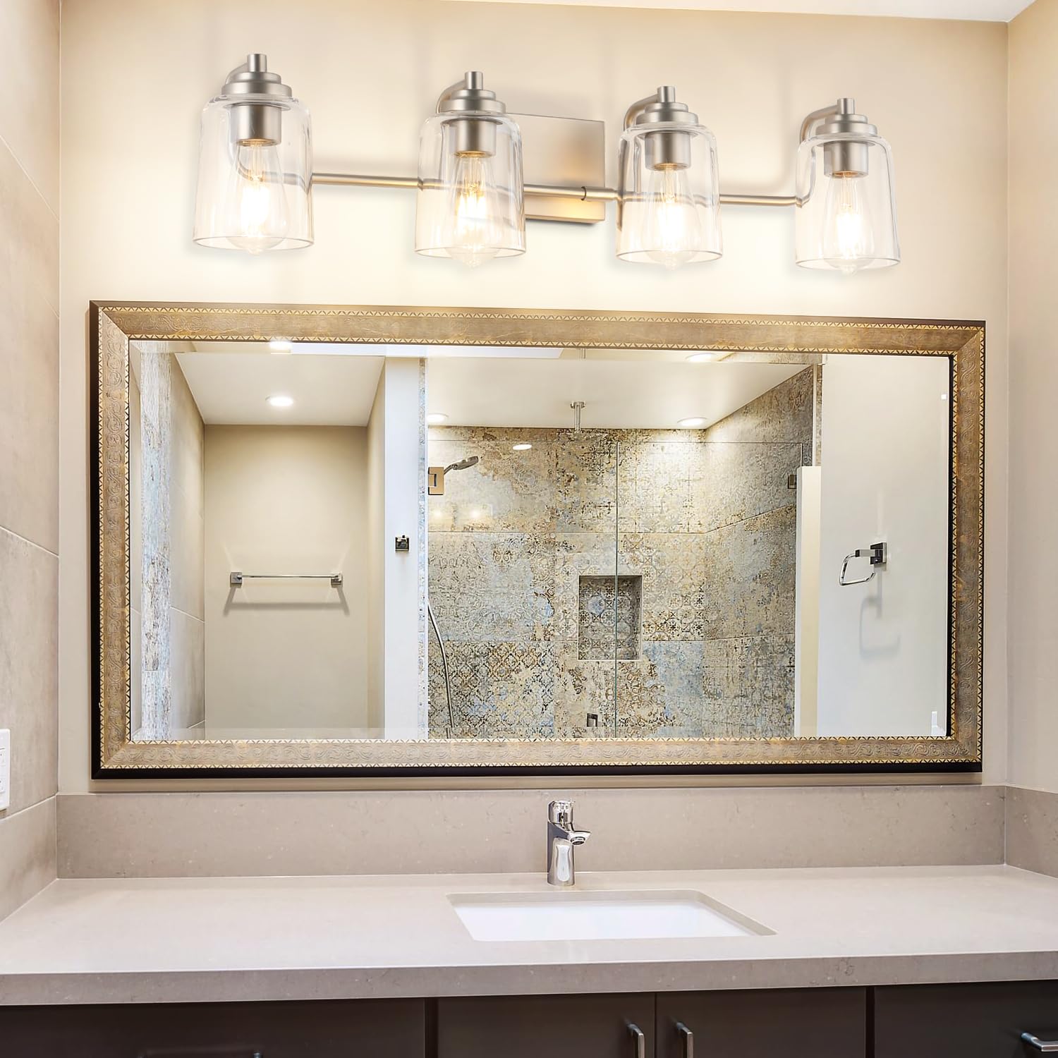 Solfart Brushed Nickel Bathroom Light Fixtures Over Mirror 4 Lights Nickel Vanity Lights For Bathroom Wall Scone Lights For Bath