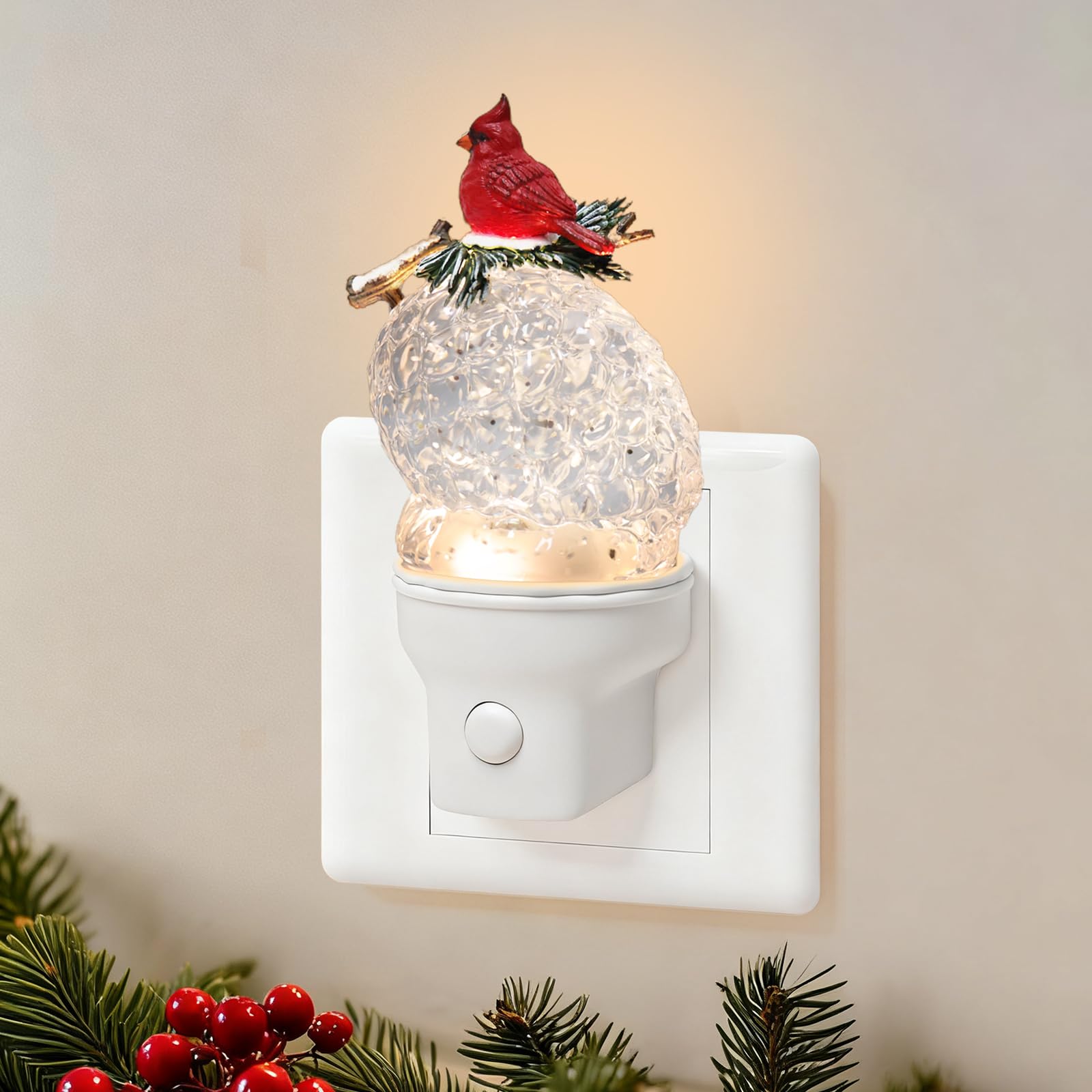 Christmas Night Light Plug into Wall Glitter Water Nightlight with USB/Outlet Options  Christmas Cardinal and Pinecone Decorative Nightlight for Bedroom Holiday Decorations (Cardinal and Pinecone)
