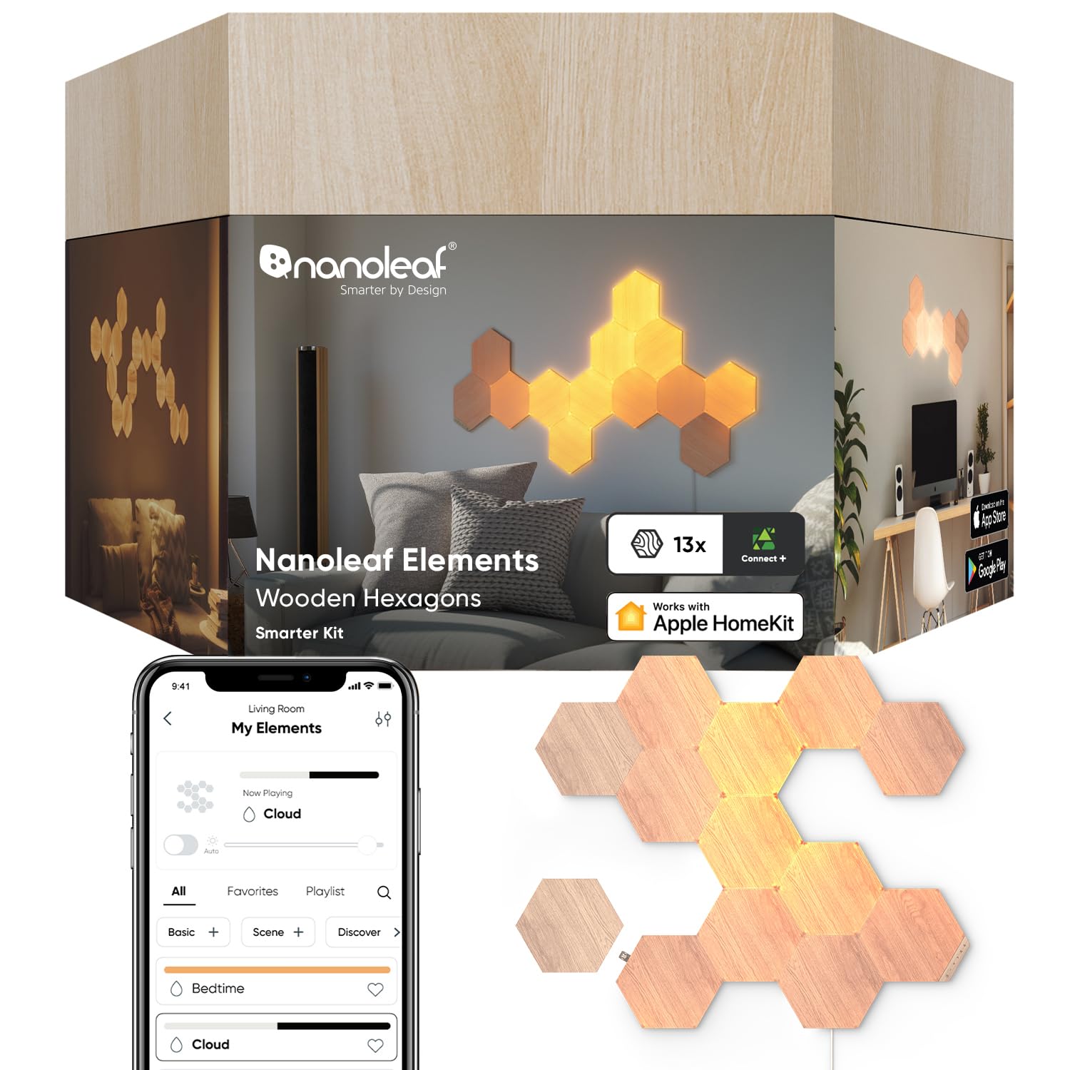 Nanoleaf Elements Wood Look Hexagons WiFi and Thread Smart LED Dimmable Home Decor Wall Lights Smarter Kit (13 Light Panels)