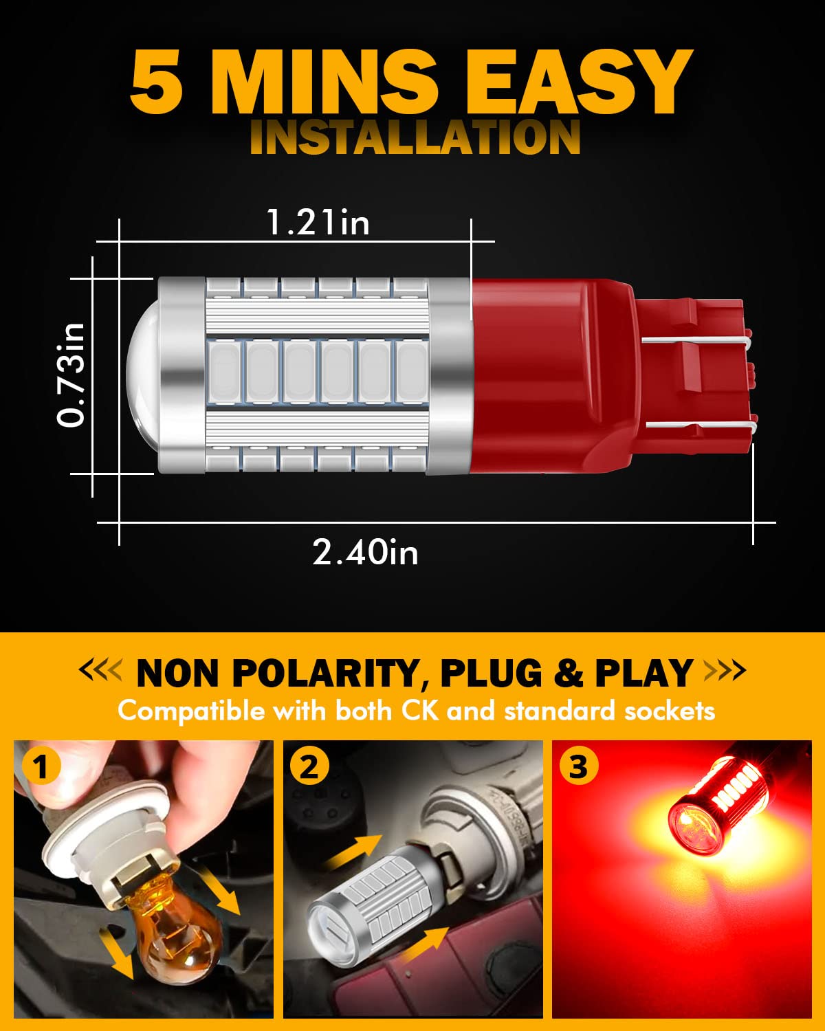 Auxbeam 7440 7443 LED Bulbs, Red, 33-SMD Chips, T20 7441 7444 Replacement Light Kit, Model AD5YHYY5, Pack