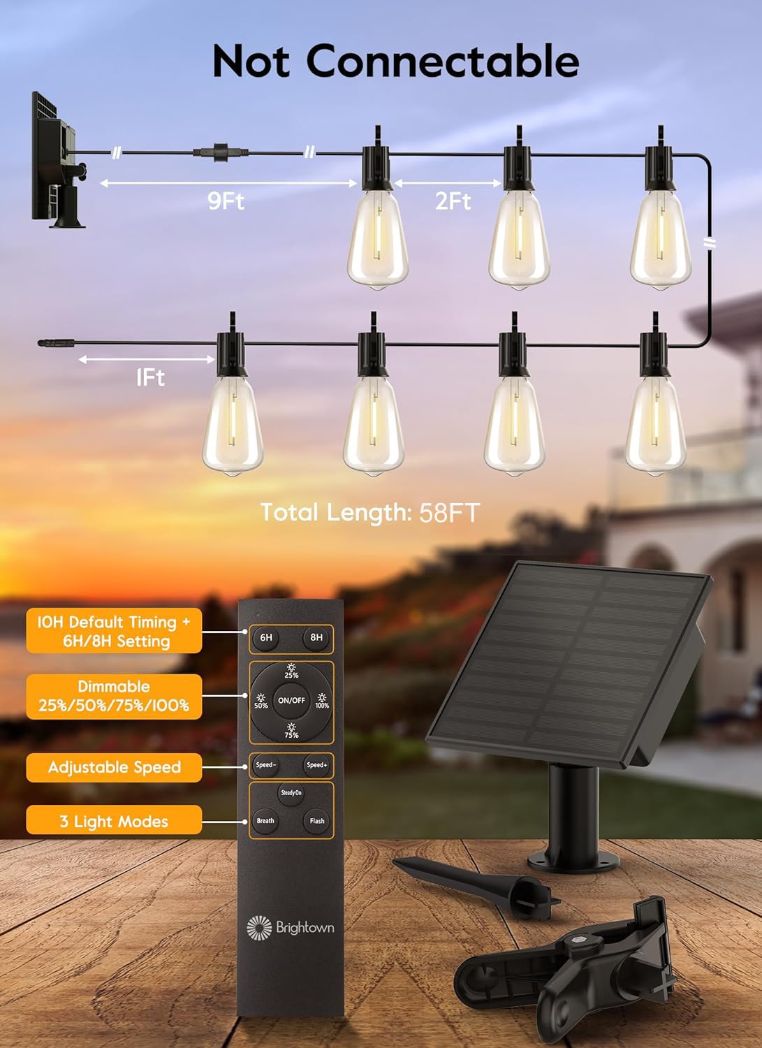 Brightown Solar String Lights 58FT with 25 ST38 LED Bulbs, Waterproof, Warm White, Remote Control, Perfect for Outdoor Decor