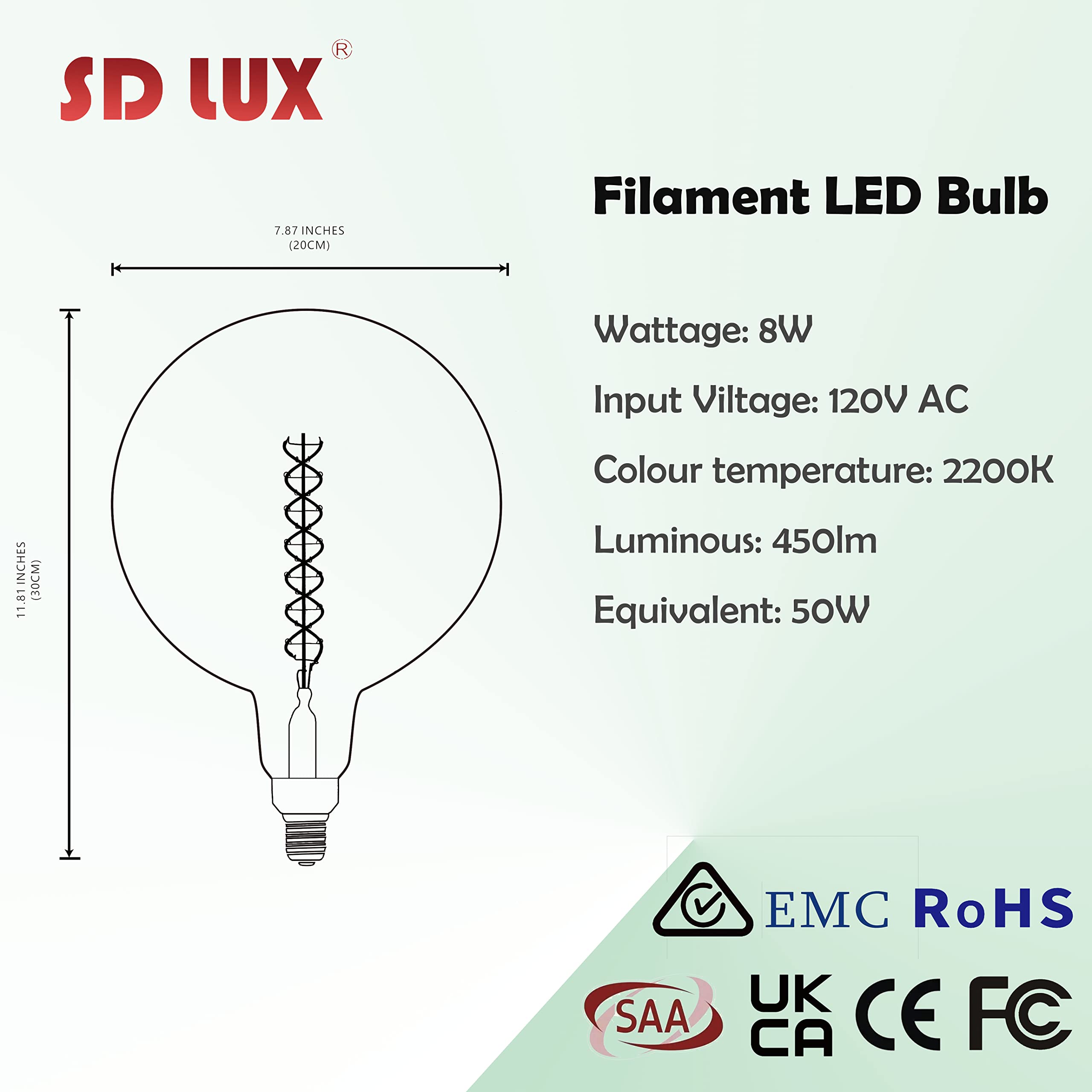 SD LUX Oversized Vintage Giant LED Light Bulb, Dimmable 8W, Warm White 2200K, Extra Large G63/G200, Amber Glass, E26 Base