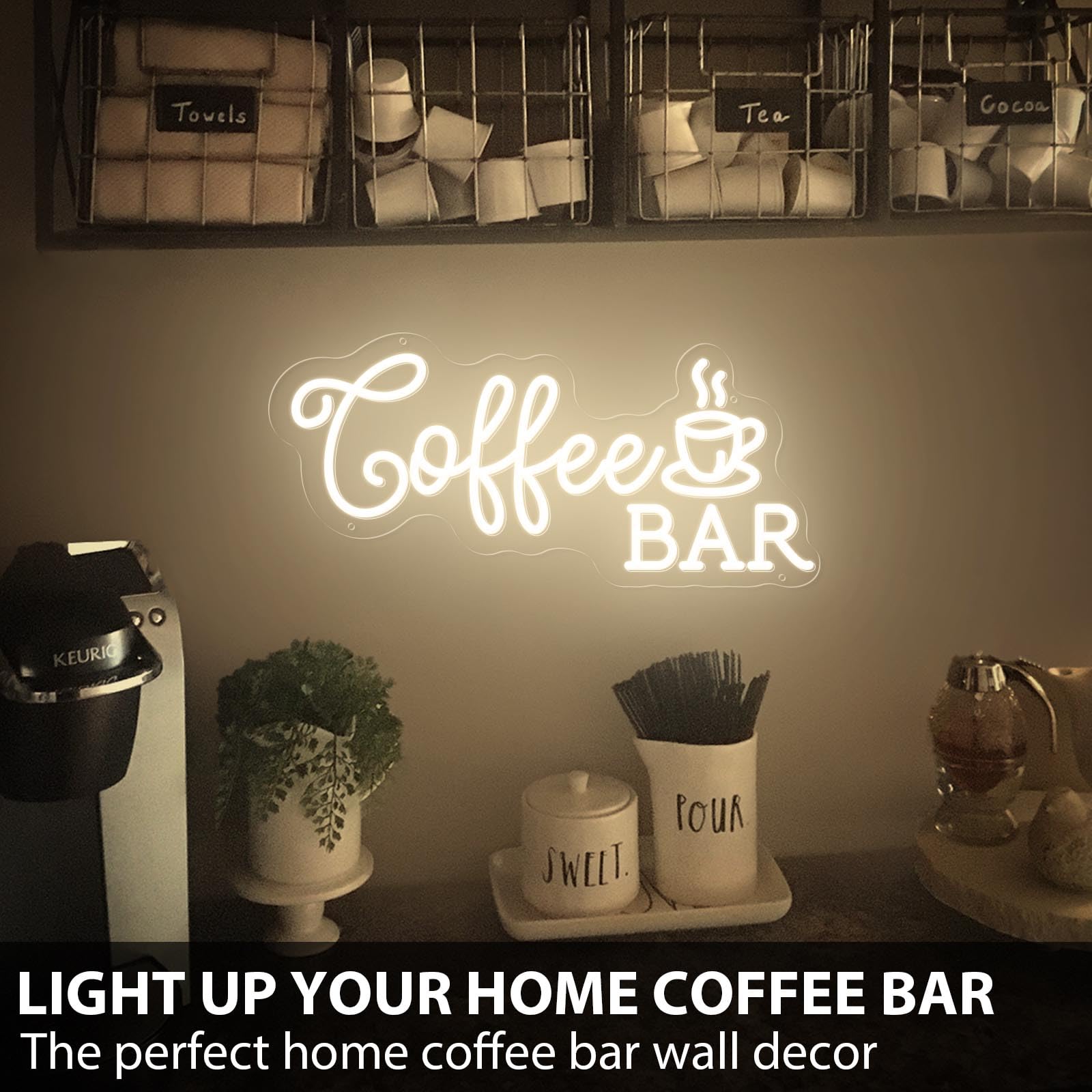 MinIeoh Coffee Bar Neon Sign, Dimmable Warm White LED, USB Powered, 15x7 inches, Silicone Material, Model FTNHD-COFFEEBAR