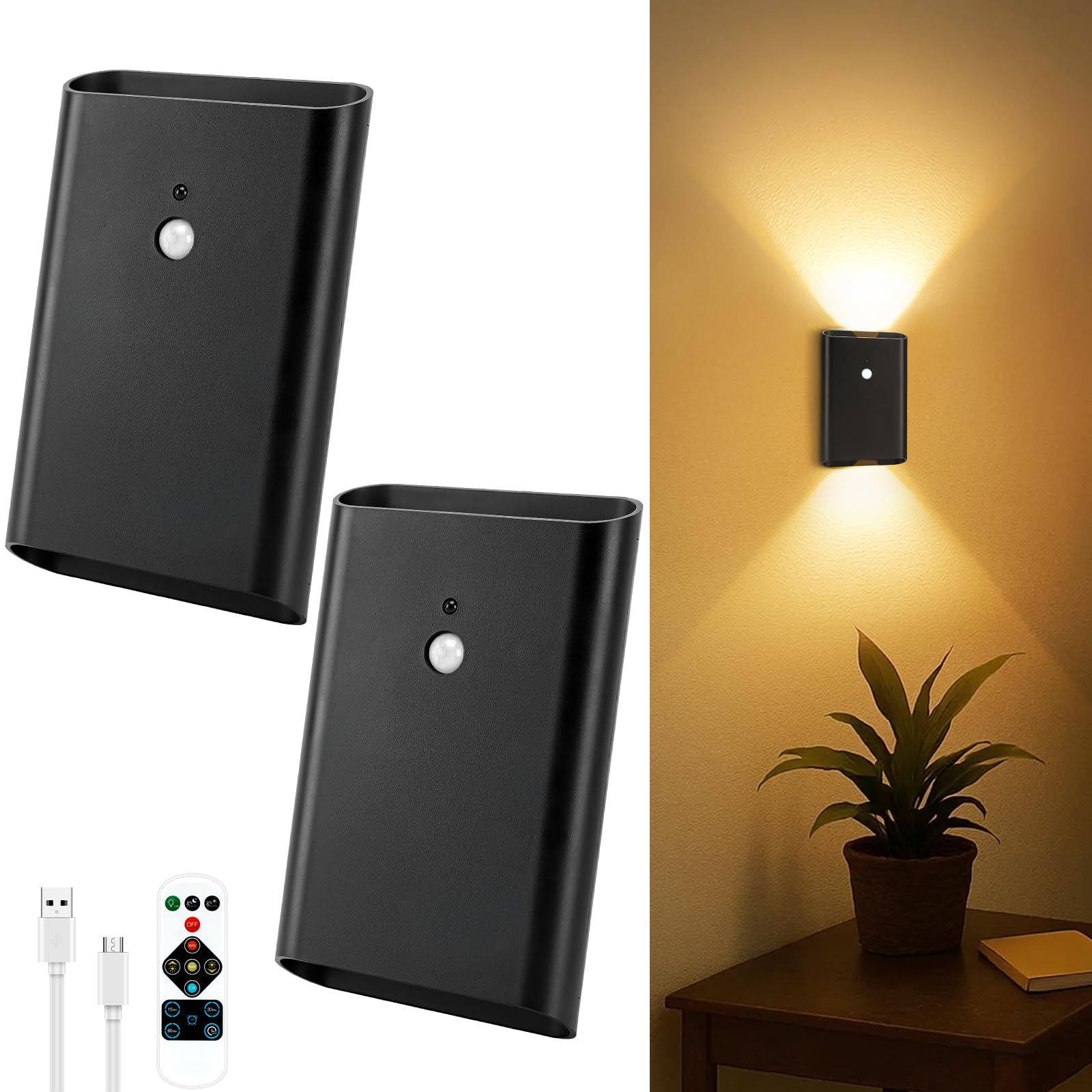 Battery-Operated Motion Sensor Wall Light: 5000mAh Rechargeable Wall Sconce Set of 2 Motion Sensored Closet Light Magnetic Stair