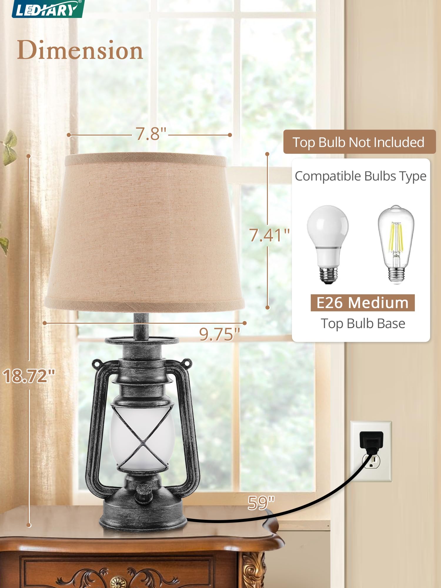 Lediary 18.72'' Sliver Led Lantern Flickering Flame Table Lamps For Bedrooms Set Of 2, Small Farmhouse Rustic End Table Lamps, H