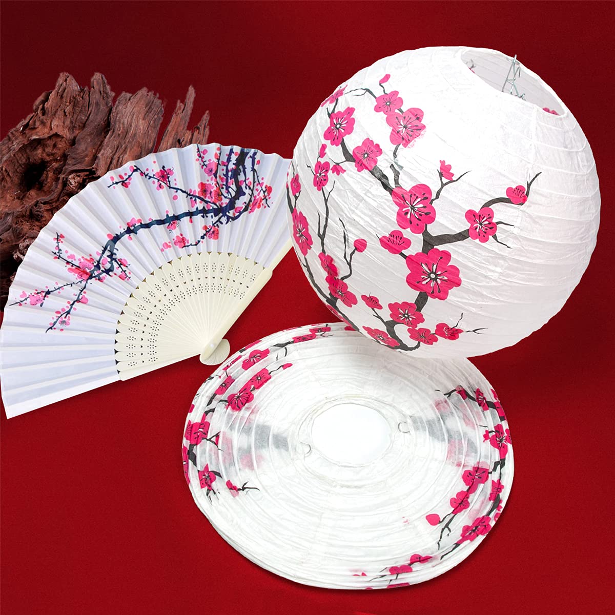 5Pcs Chinese Japanese Cherry Design Paper Lamp For Shade And 5Pcs Silk Folding Hand Fan For Church Wedding Gift Party Favors Diy Decoration