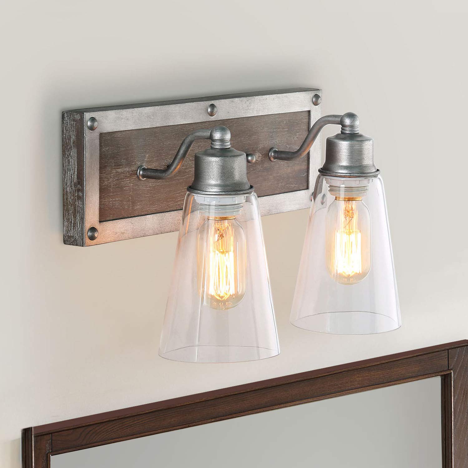 LOG BARN 2 Lights Bathroom Vanity Fixture, Distressed Wood & Brushed Antique Silver, Cone Glass Shades, 14.1in Farmhouse Design