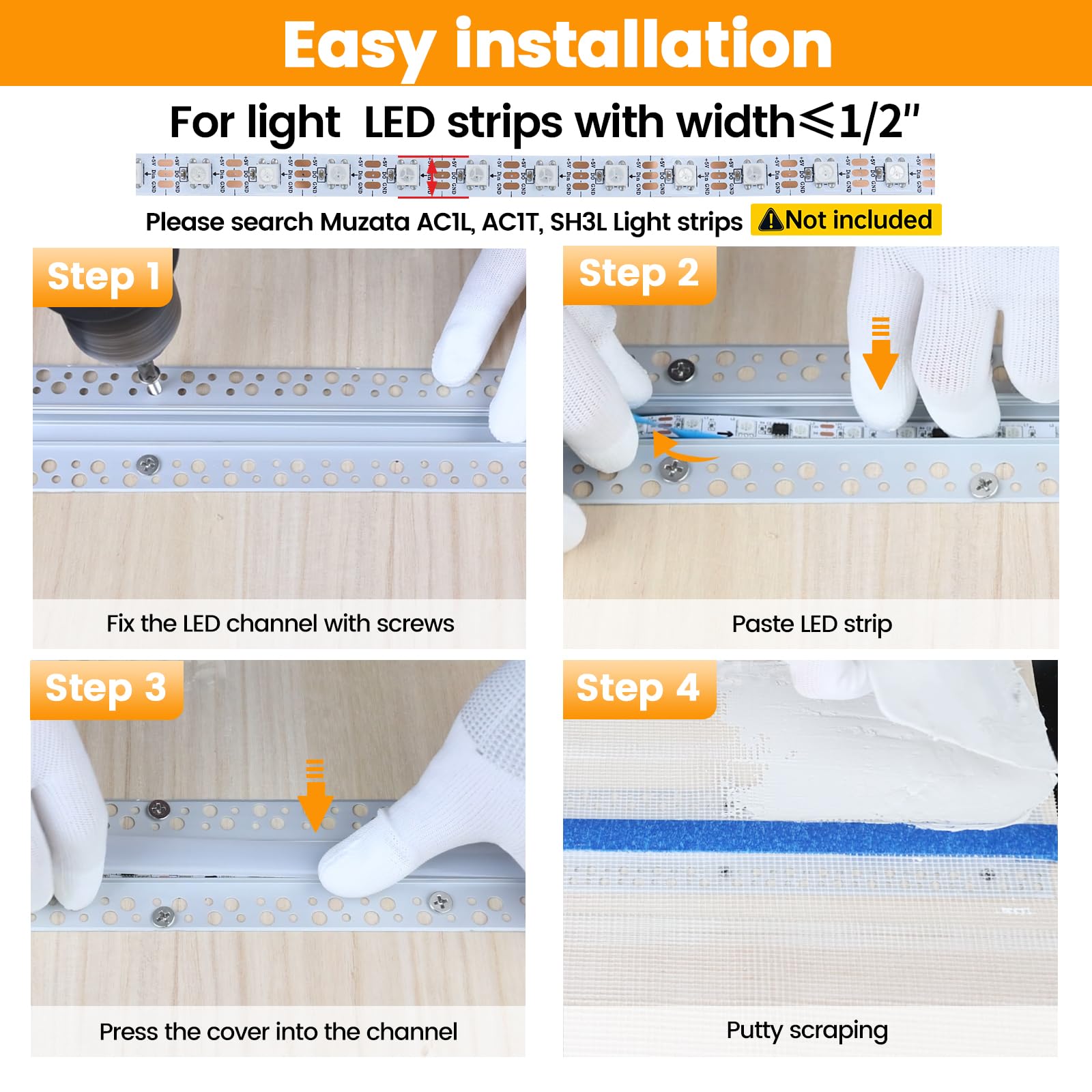 Muzata 5Pack LED Channel Trimless Diffuser 6.6FT/2M White U117 for Recessed Drywall Ceiling Wall