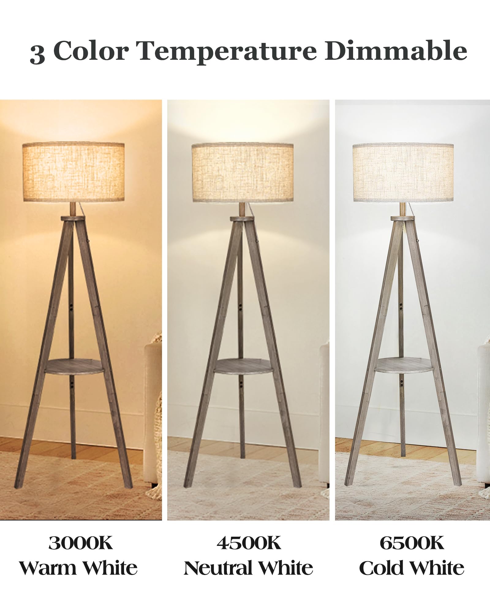 Elyona Tripod Floor Lamp With 3 Color Temperatures Led Blub, Wood Floor Lamp With Table - Farmhouse Tall Reading Standing Light