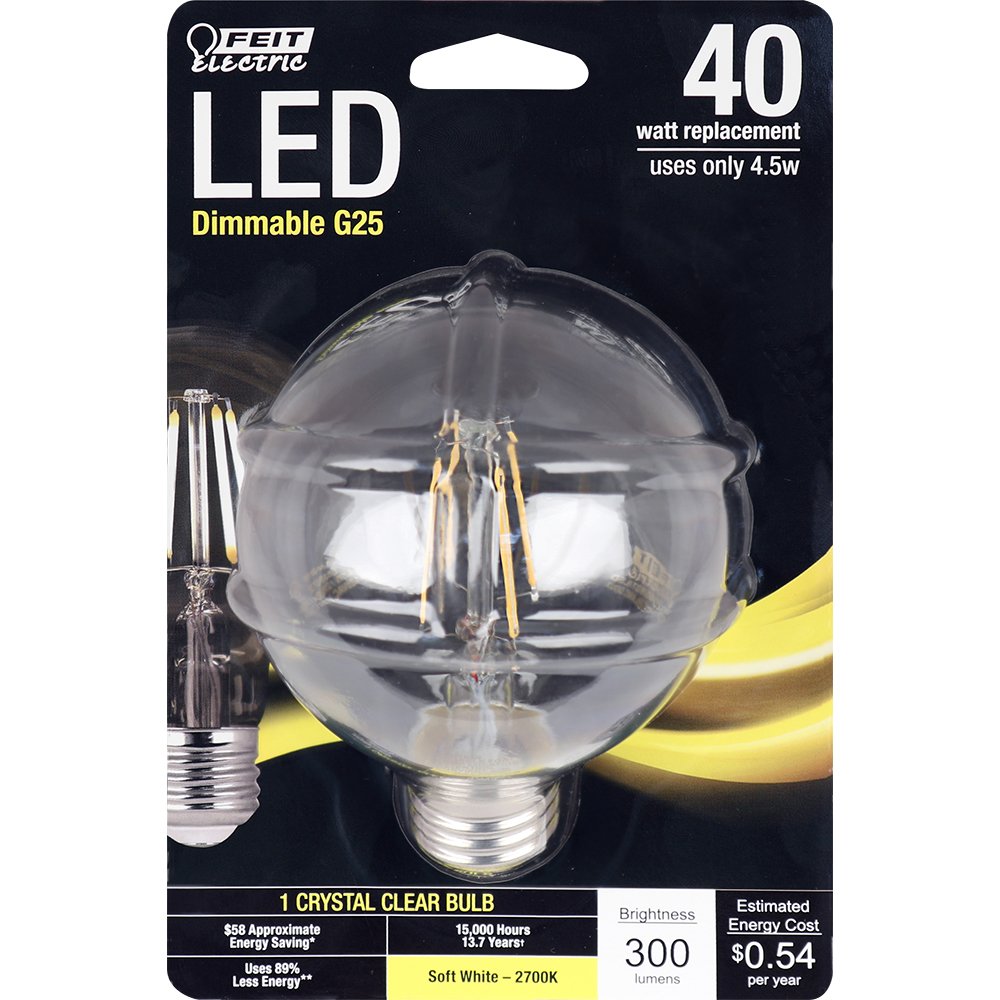 Feit Electric BPG2540/827/LED Decorative Glass Filament LED Dimmable 40W Equivalent Soft White Globe Bulb, Clear