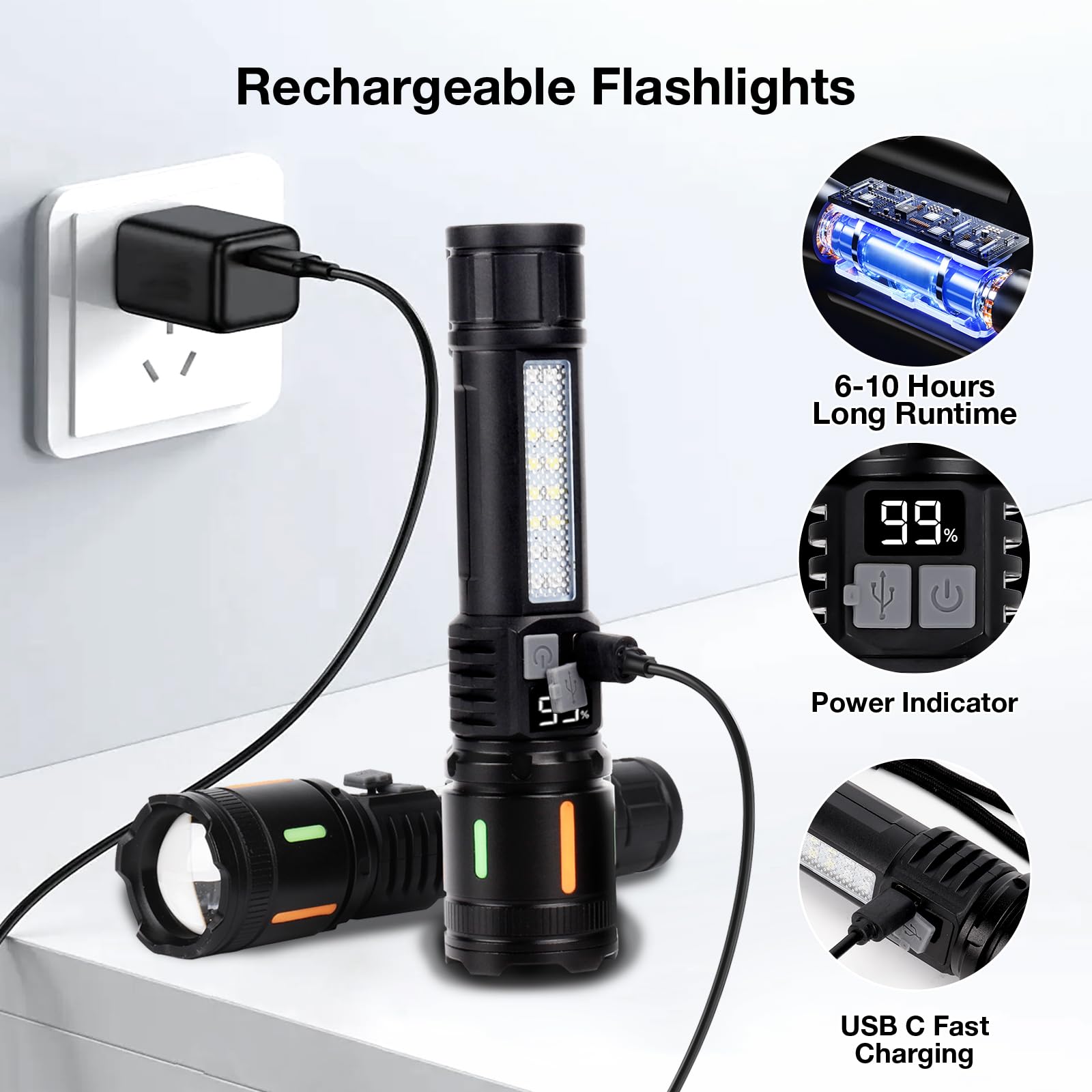 Peascat Flashlights High Lumens Rechargeable 2 Packs, 990,000 Lumens Led Battery Powered Tactical Handheld Flashlight With 5 Mod