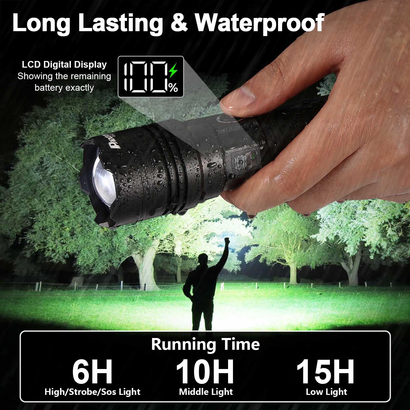PHIXTON Rechargeable Flashlight 1000000 Lumens USB C Aluminum 3280 FT Black Model PH2401