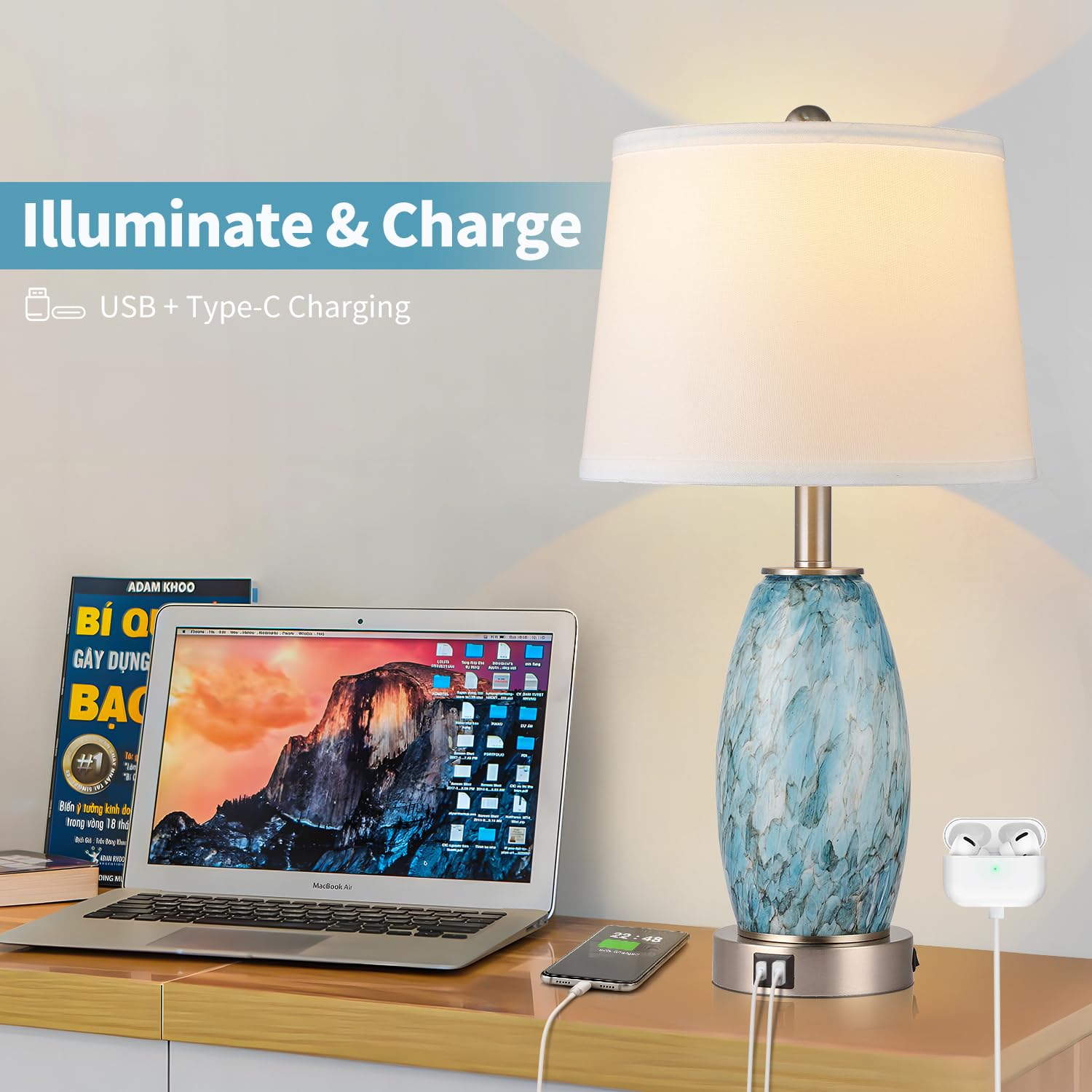 Table Lamp, 3-Way Lighting Modes Modern Table Lamp For Bedroom, Coastal Bedside Lamp With Usb Charging Port & Type C, Glass Nigh