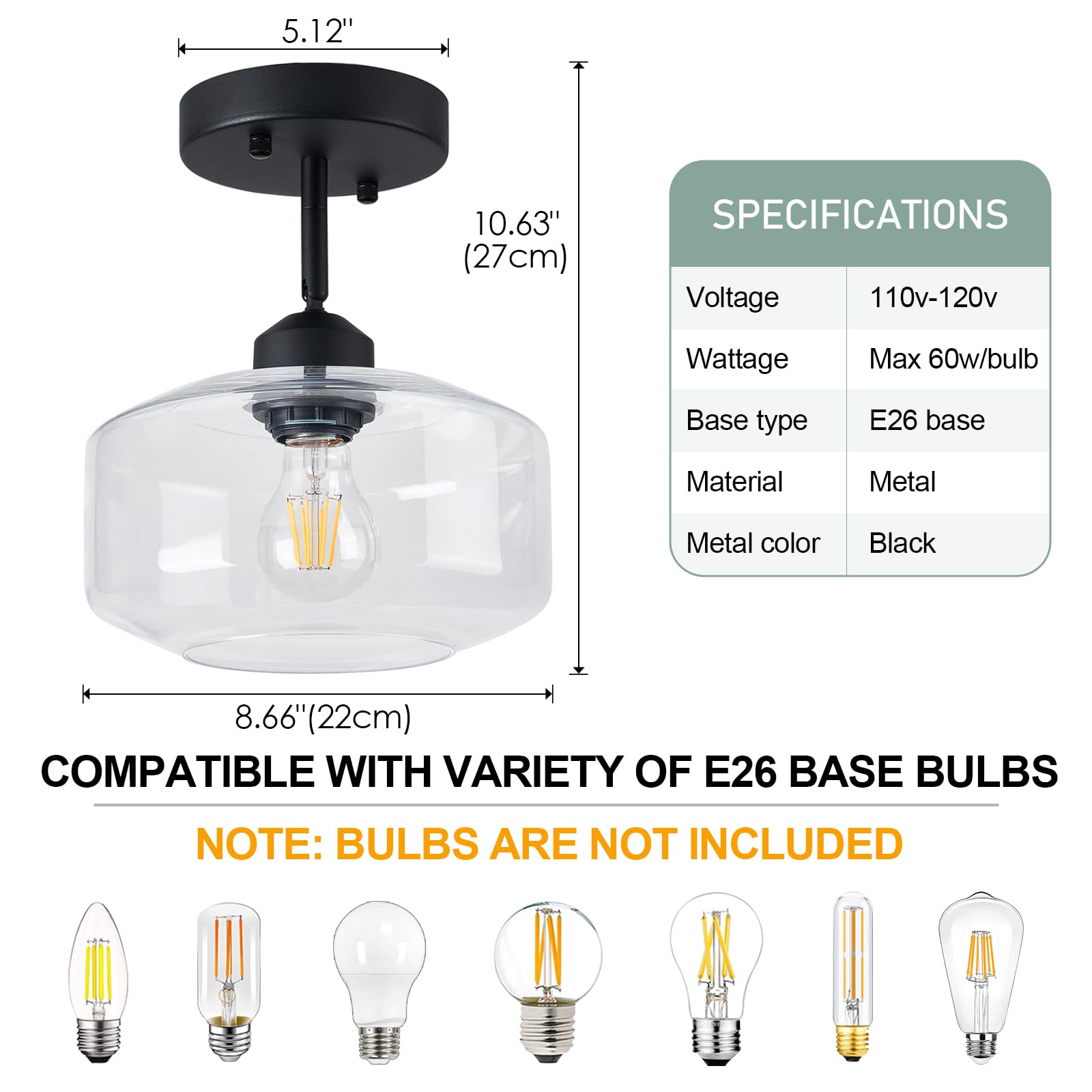 Tehenoo Matte Black Semi Flush Mount Light With Clear Glass Shade, Adjustable For Sloped Ceilings For Kitchen,Hallway,Living Roo