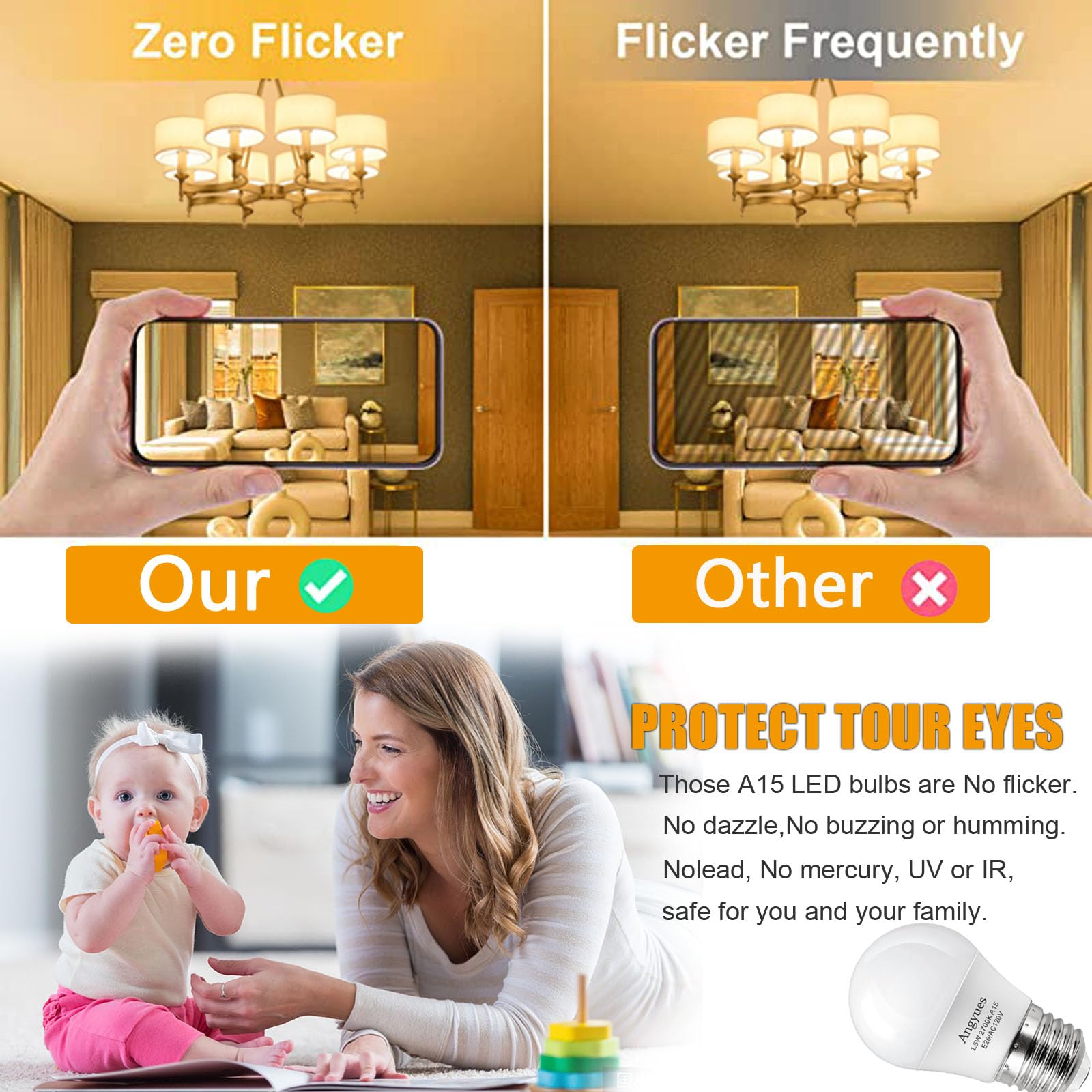 Angyues 15W Light Bulb Equivalent, A15 15 Watt Light Bulbs 2700K Soft White 120V E26 1.5W Led Bulb,Low Watt Light Bulbs Table La