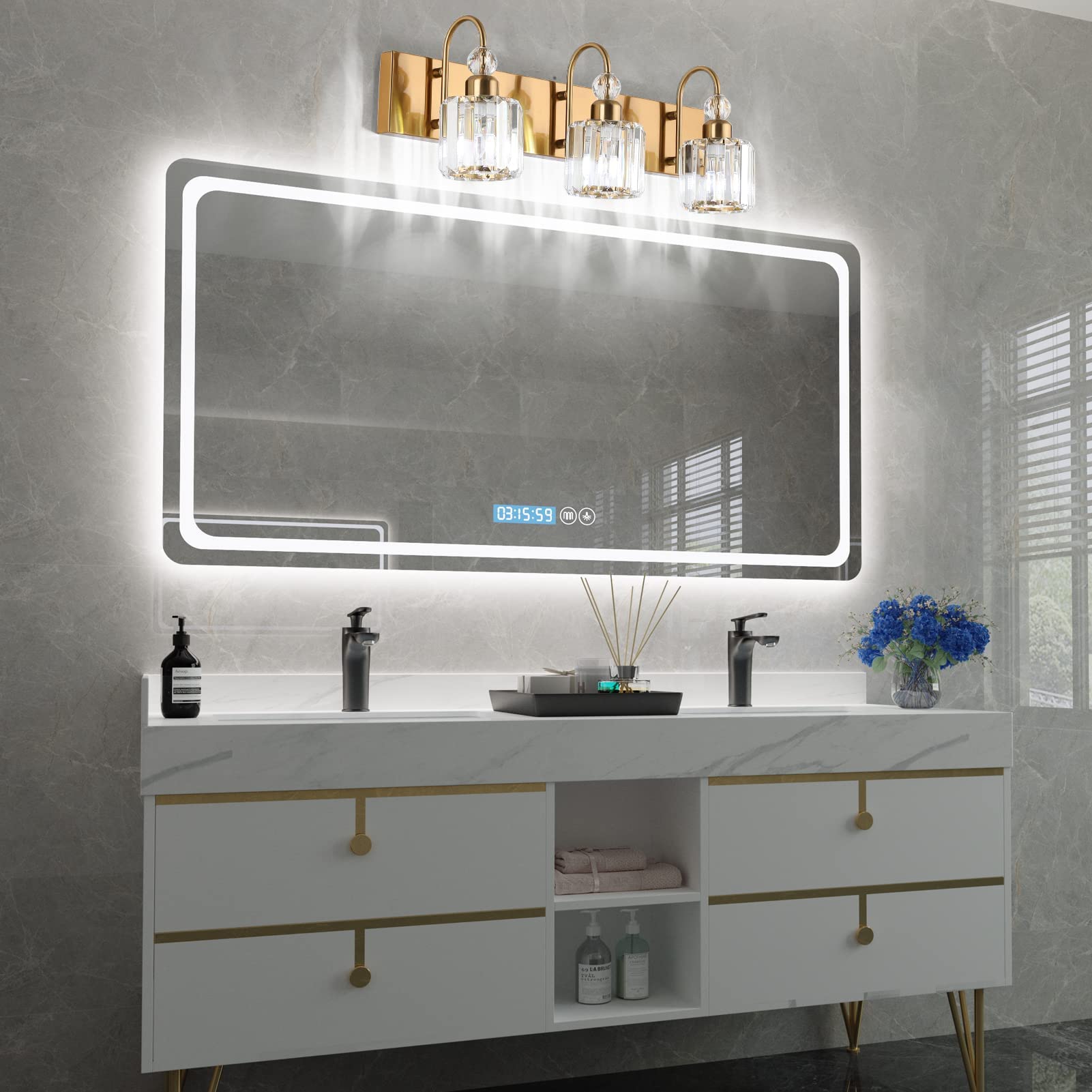 Ralbay 4-Light Brass Gold Crystal Vanity Lights - Modern Bathroom Wall Lighting Fixtures