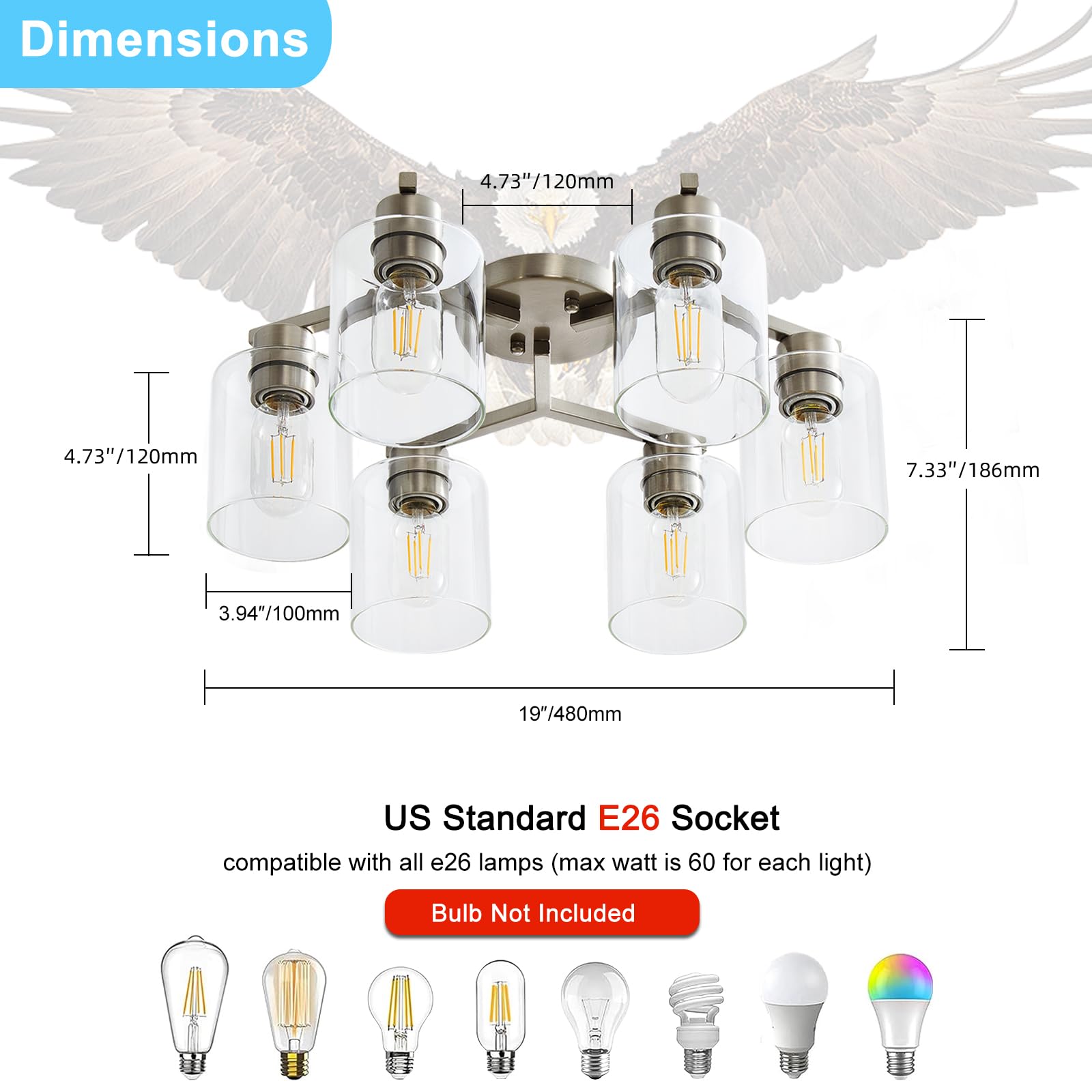 Yyt Light Fixtures For Dining Room 6-Light Semi Flush Mount Ceiling Light Fixtures Large Brushed Nickel Kitchen Lighting Fixture