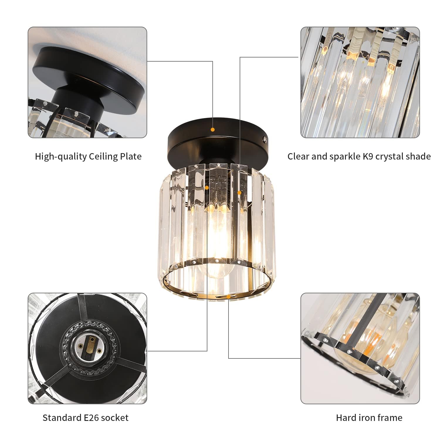 Goeco Crystal Ceiling Light Fixture, Modern Mini Semi Flush Mount Ceiling Light Fixtures, E26 Black Indoor Lighting Fixture For