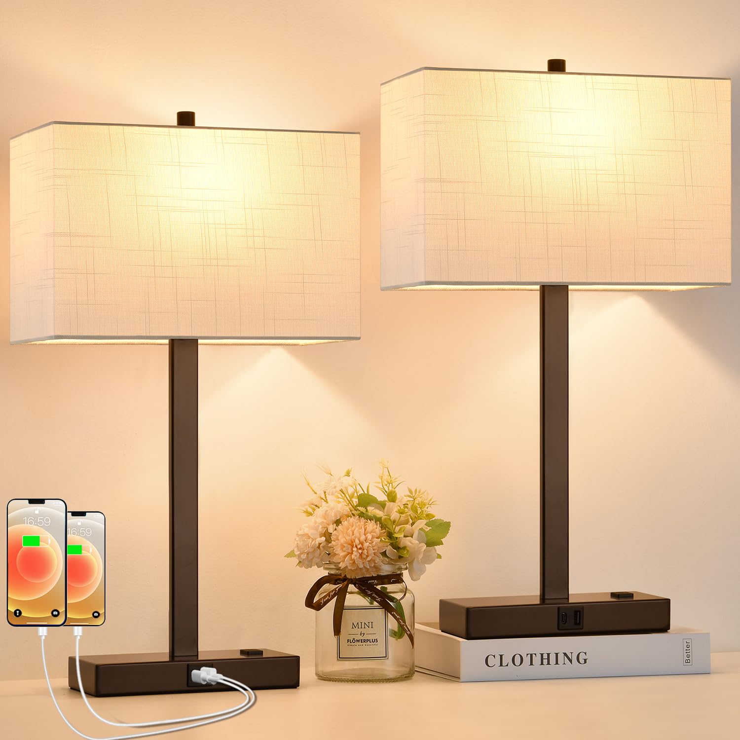Lynnoland 21'' Set of 2 Table Lamps with 2 USB & AC Outlets, Touch Control 3-Way Dimmable Bedside Lamps for Bedroom Living Room 