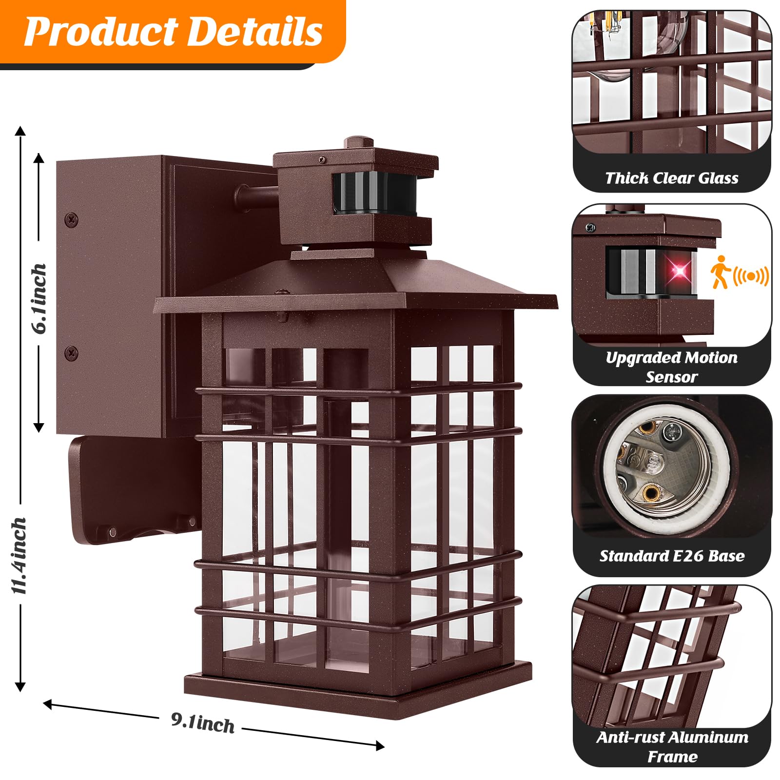 Kondras Porch Light Fixture - Brown Motion Sensor Dusk to Dawn, Waterproof, 11.4" Aluminum, 3 Lighting Modes, Model 0815