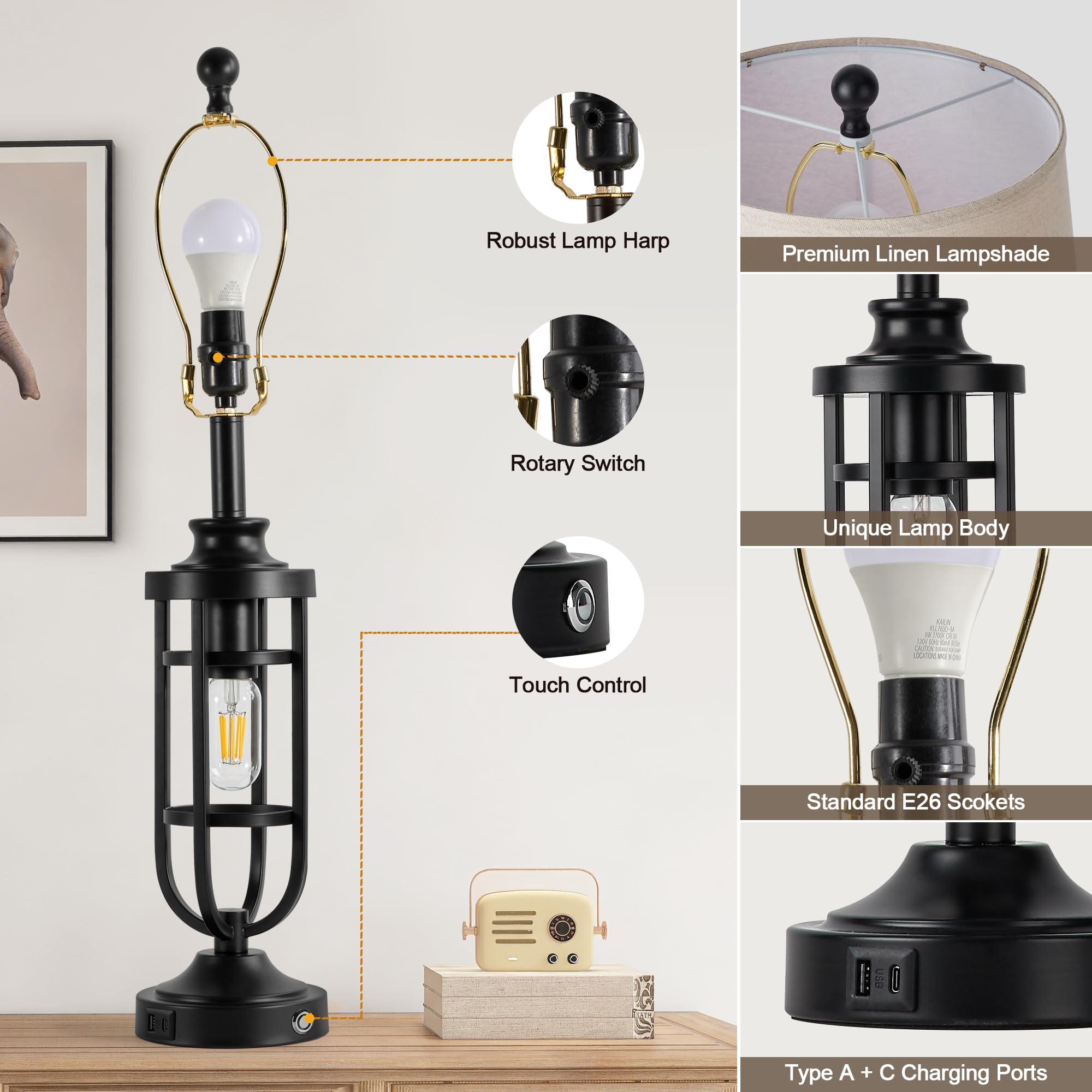 Srjjrs 28'' Black Table Lamps For Living Room Set Of 2, Farmhouse Lamps For Nightstand With Usb A+C, Rustic Bedside Lamps For Be