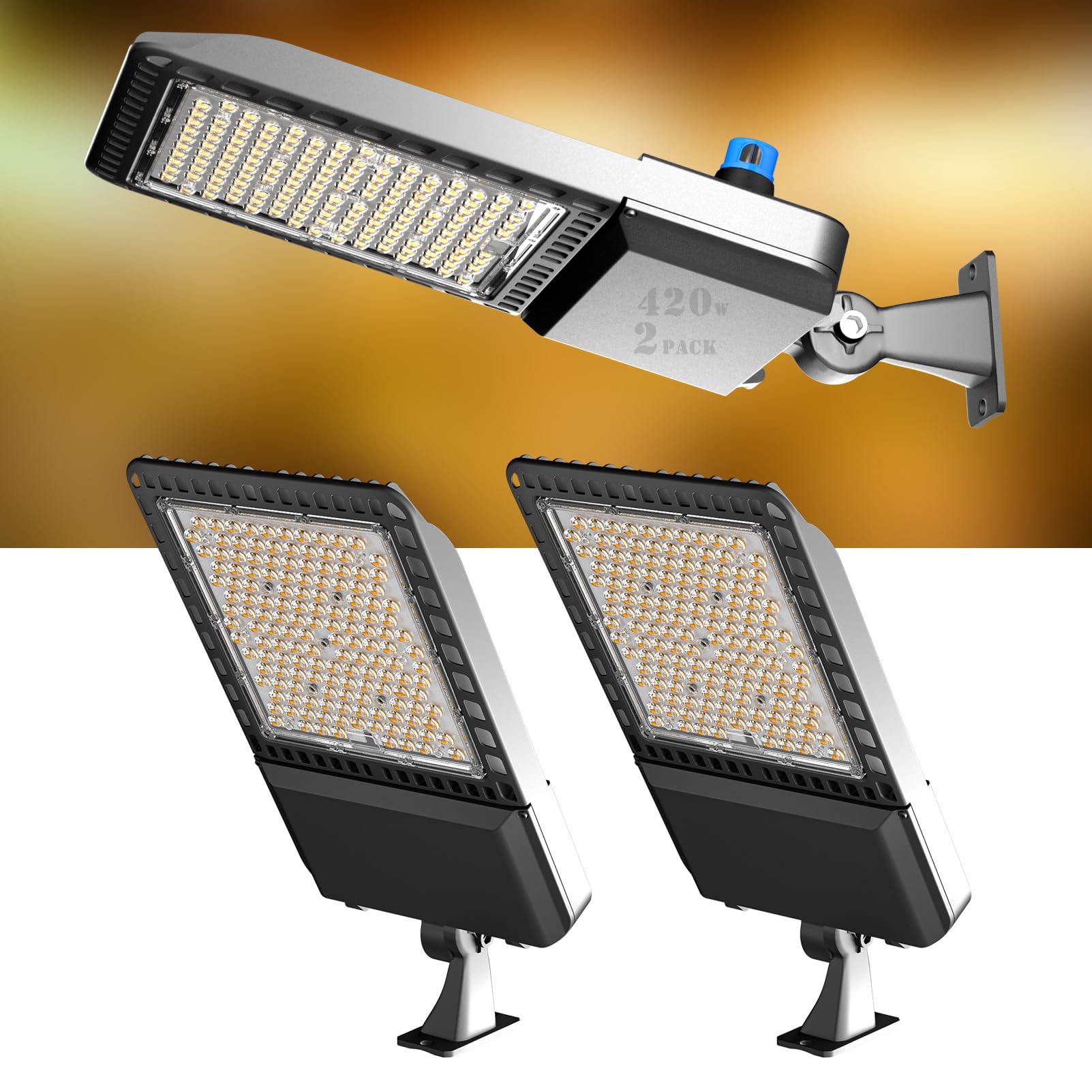 ACOHOOK 420W LED Parking Lot Light 60000lm(150LM/W) Arm Mount LED Pole Light, IP65 6KV SPD 5000K ETL Listed 6KV SPD Outdoor Comm