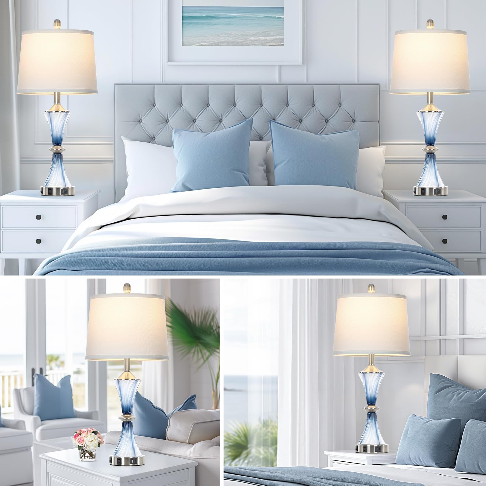 Rinweey Blue Glass Table Lamp Set of 2 with USB Ports & AC Outlet, Modern Nightstand Lamps for Bedroom & Living Room, LED Bulbs Included