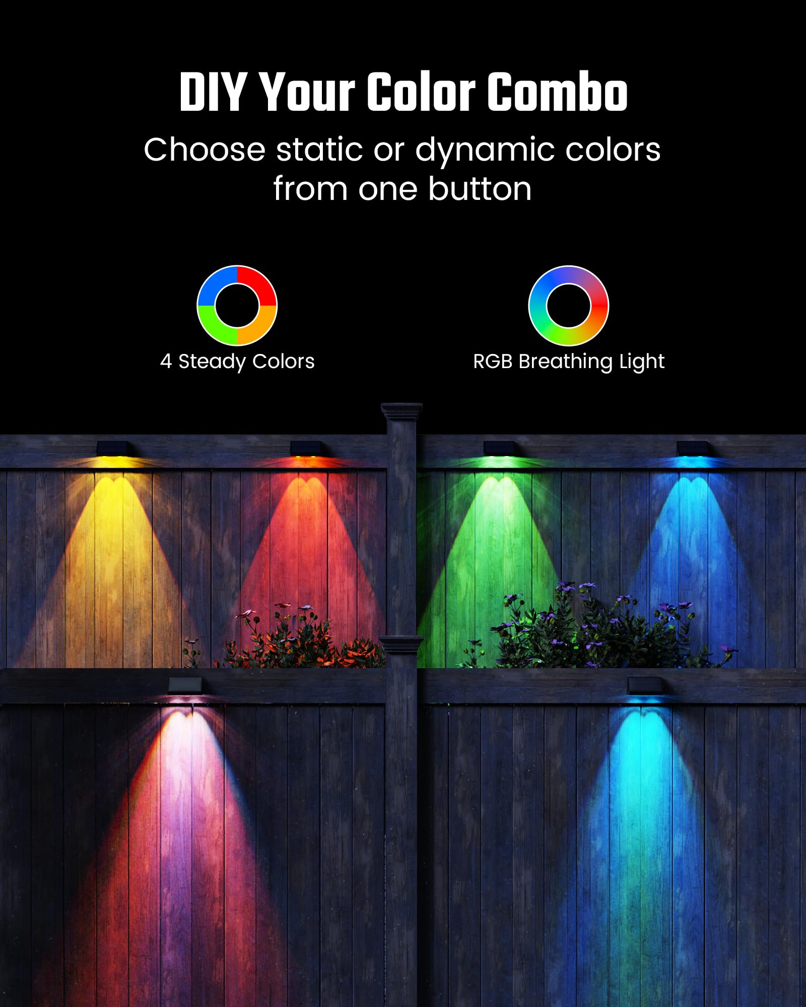 SUPERDANNY Solar Lights for Outside, RGB & Warm White Solar Fence Lights Outdoor Waterproof, 50 Lumen Lensed LEDs Fence Lights S