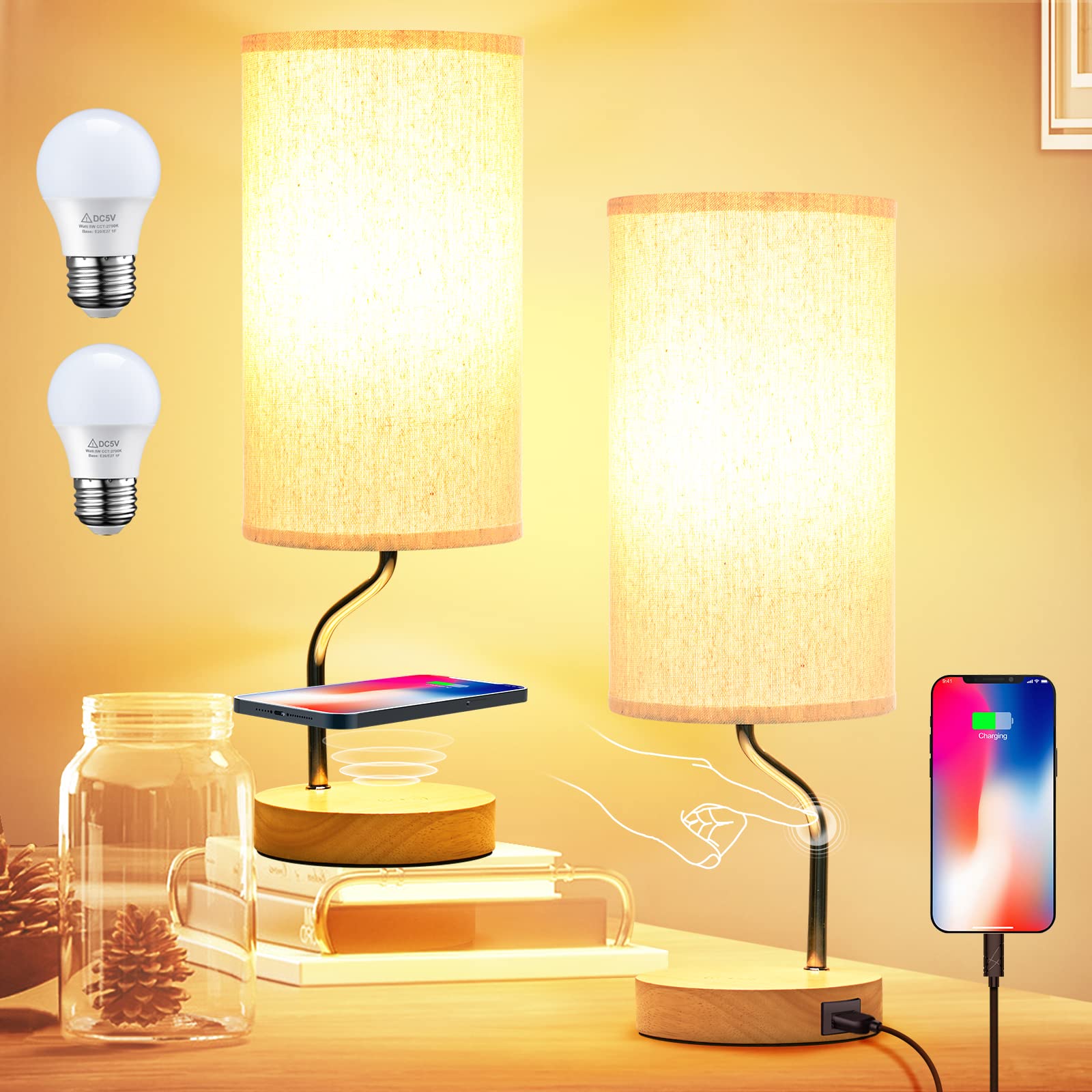 Artoomizz Bedside Table Lamp - Touch Control LED, Wireless Charger & USB Port, Cream, Dimmable, Wooden Nightstand Lamp for Bedroom & Office