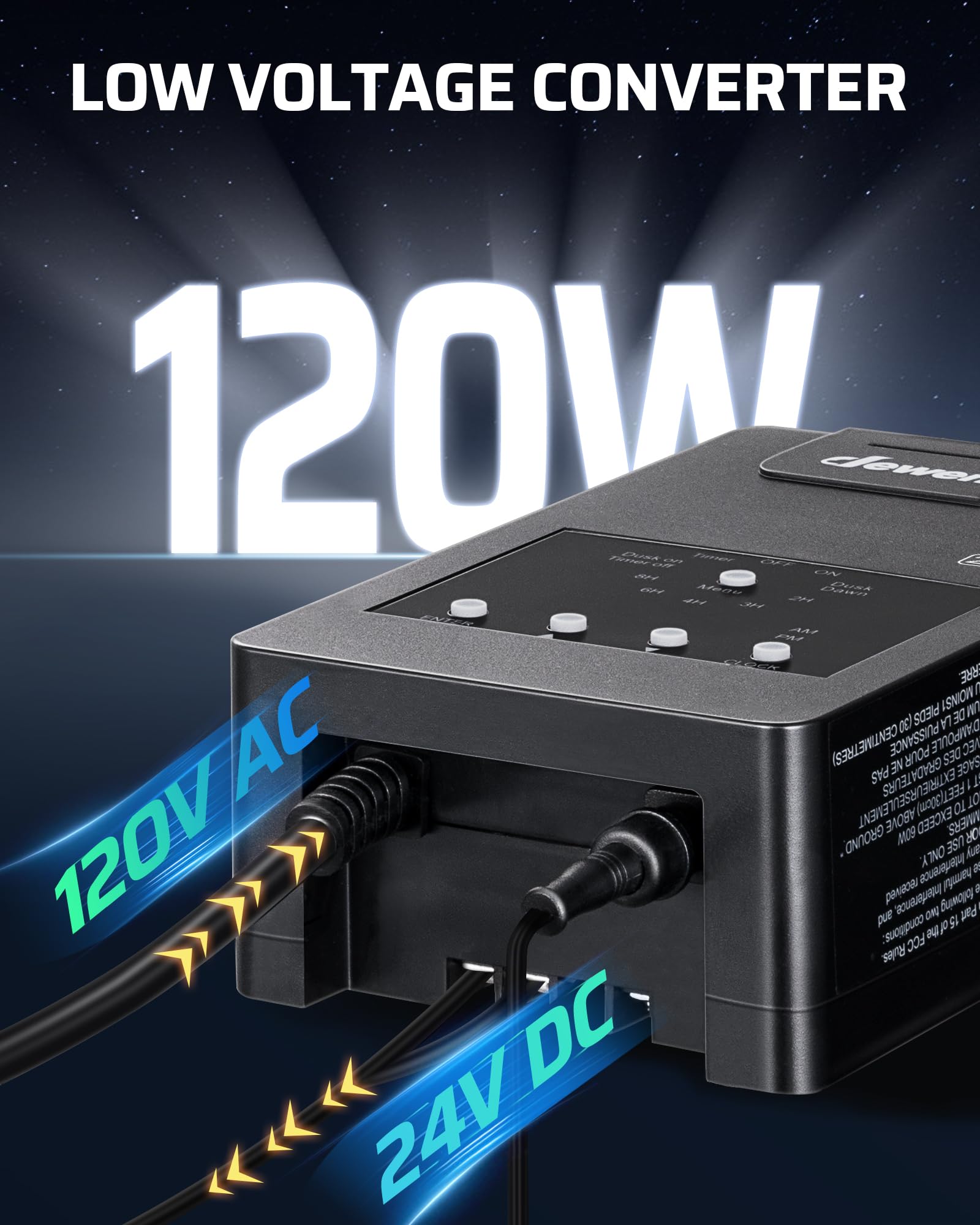 DEWENWILS 120W Low Voltage Landscape Transformer with Timer & Photocell Sensor, 120V AC to 24V DC Low Voltage Transformer, Weath