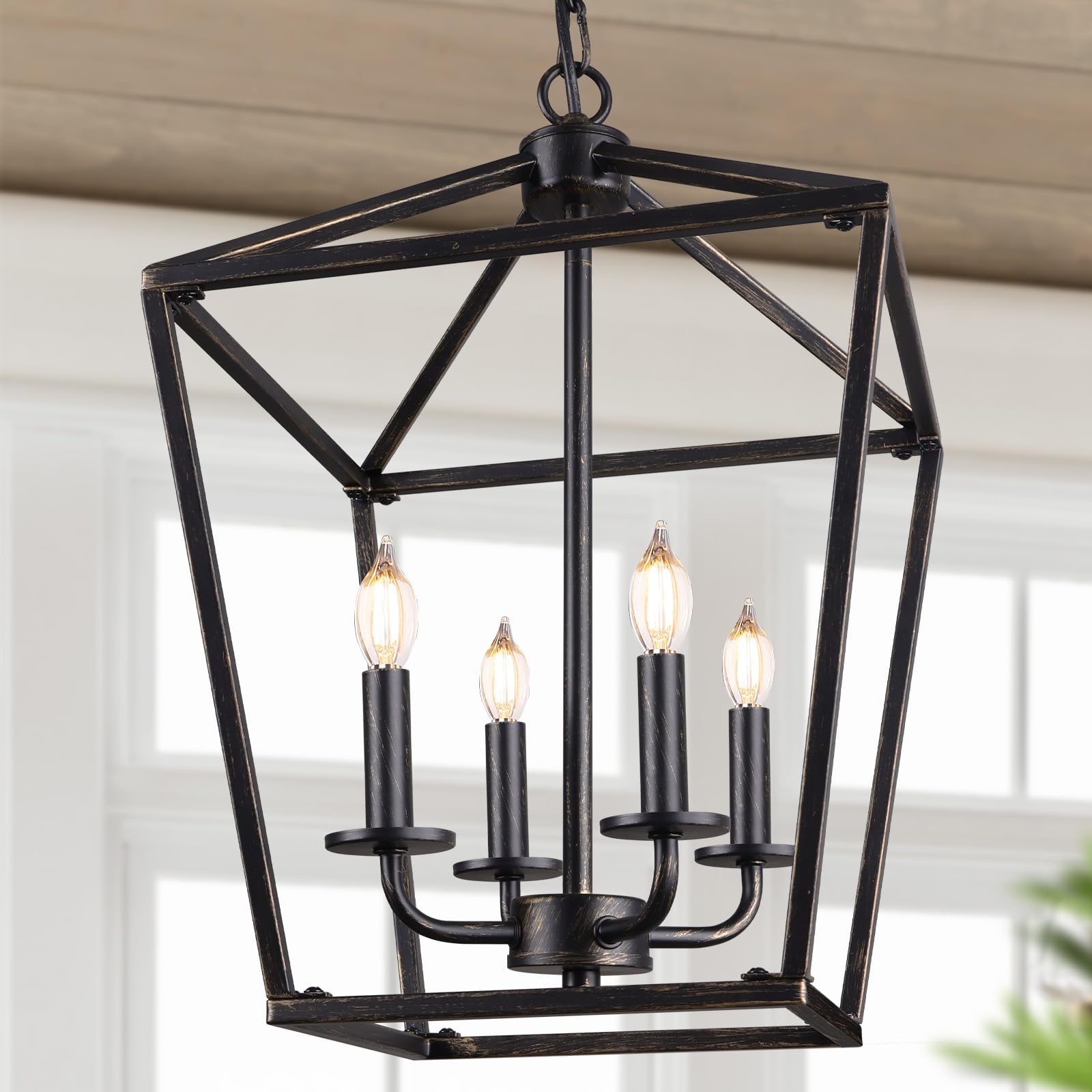 Farmhouse Chandelier 4-Light  Black & Gold Pendant Light Fixture For Kitchen Island Dining Room  Lantern Industrial Lighting Ceiling Hanging With Metal Cage Adjustable Height For Entryway Foyer