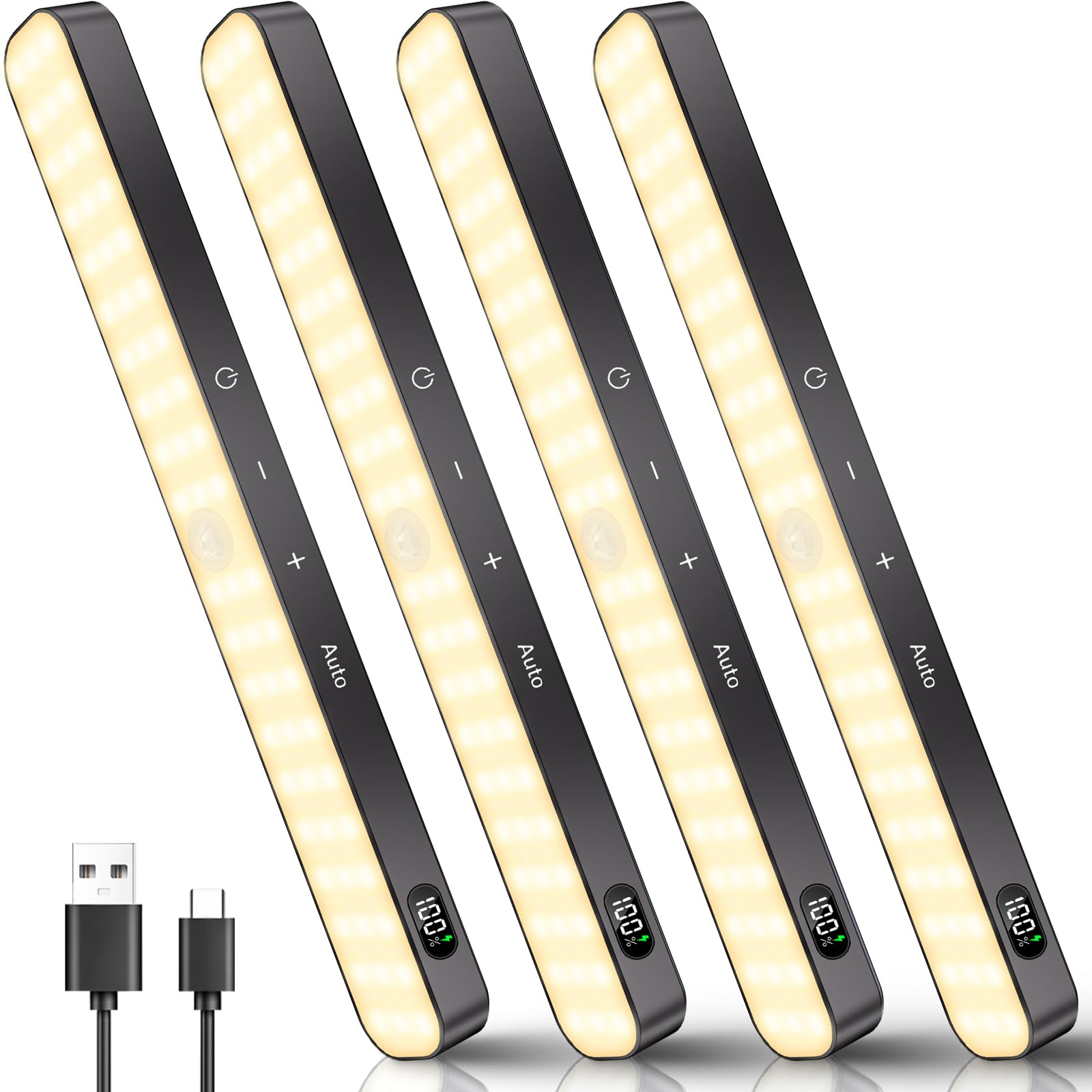 Ferswe Closet Lights Rechargeable, Battery Level Display, Dimmable Battery Powered Lights, 3000K Motion Sensor Light Indoor, 60 