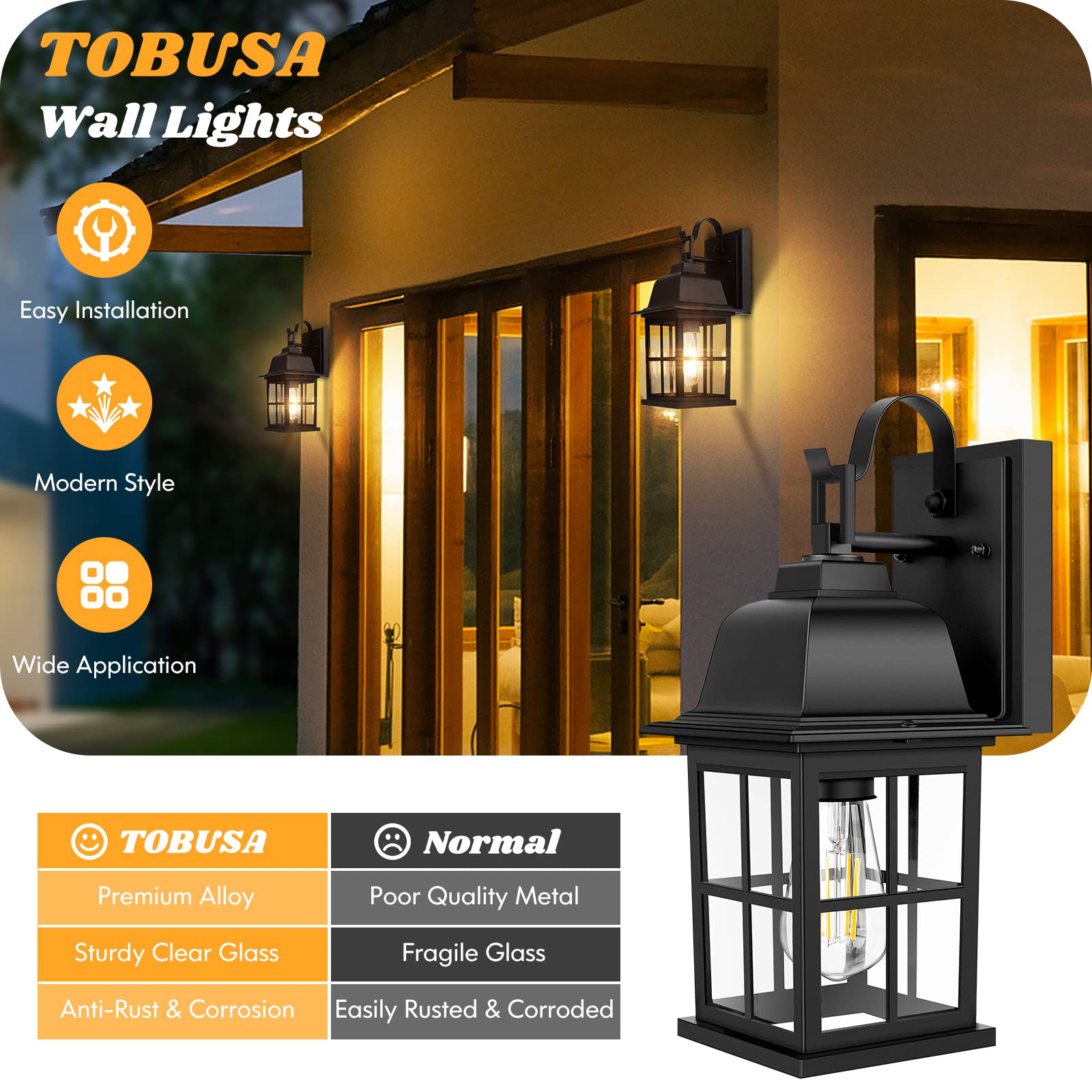 TOBUSA Outdoor Wall Lanterns - 2-Pack Black Aluminium Waterproof Sconces, Anti-Rust, Model S1026, Perfect for Porch and Garage