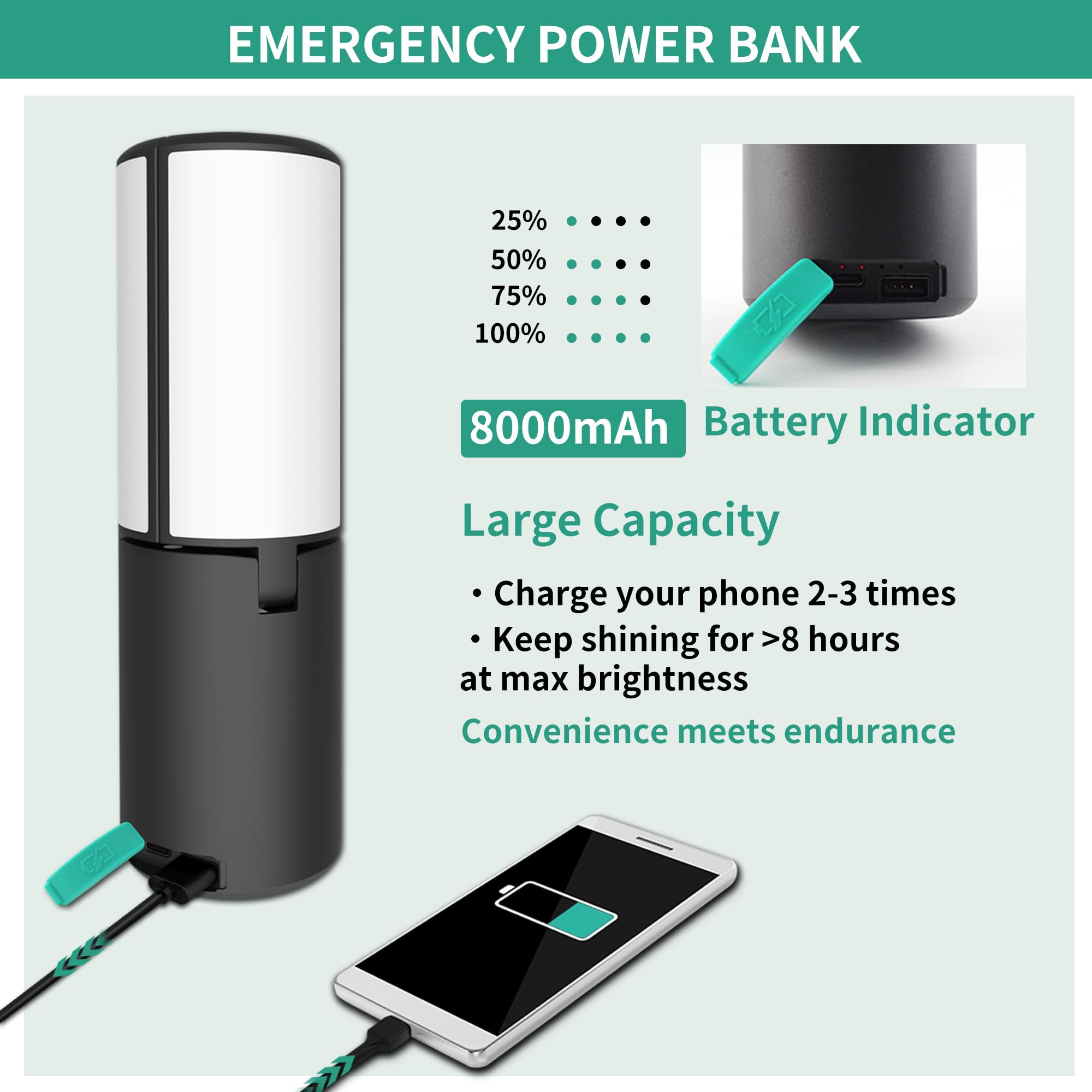 JINHODY Rechargeable LED Lantern - 8000mAh Solar Powered, 4000LM Camping Lights for Indoor/Outdoor Use, USB Charging, Emergency