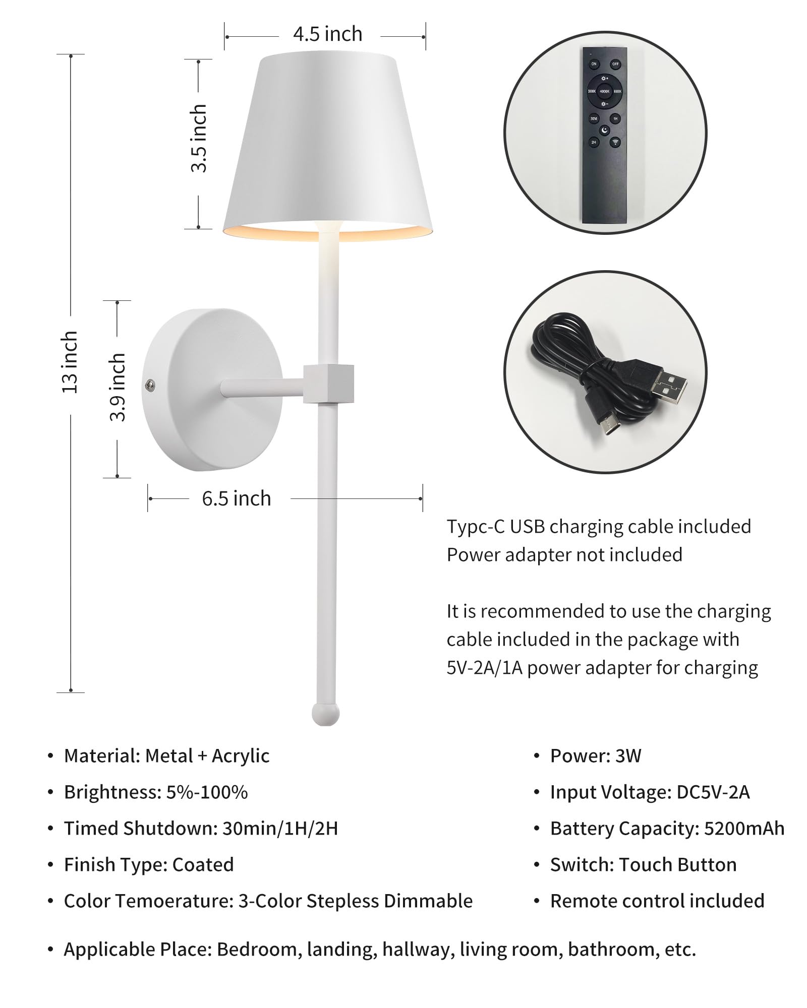 KDG Wireless Wall Sconces Set of 2, Small LED Lamps, Rechargeable 5200mAh, White Metal, Stepless Dimming, Model AMZ-TBL-036
