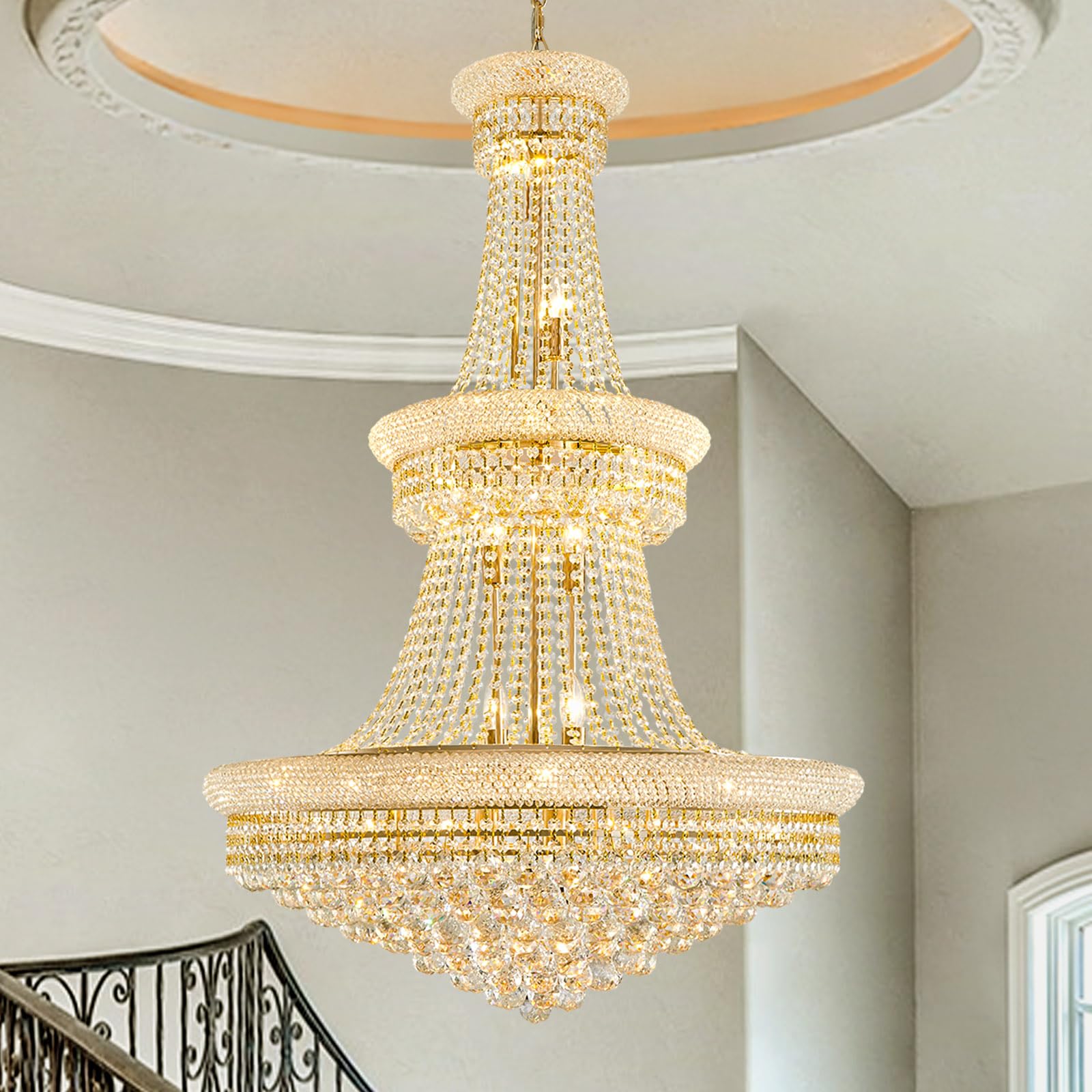SHAOCHIAO 19-Lights Gold Large Crystal Chandelier Light Fixture  3-Layer Elegant Empire Chandeliers Modern High Ceiling Hanging Chandelier for Living Room Foyer Staircase Entryway (Gold D31.5 x H47)